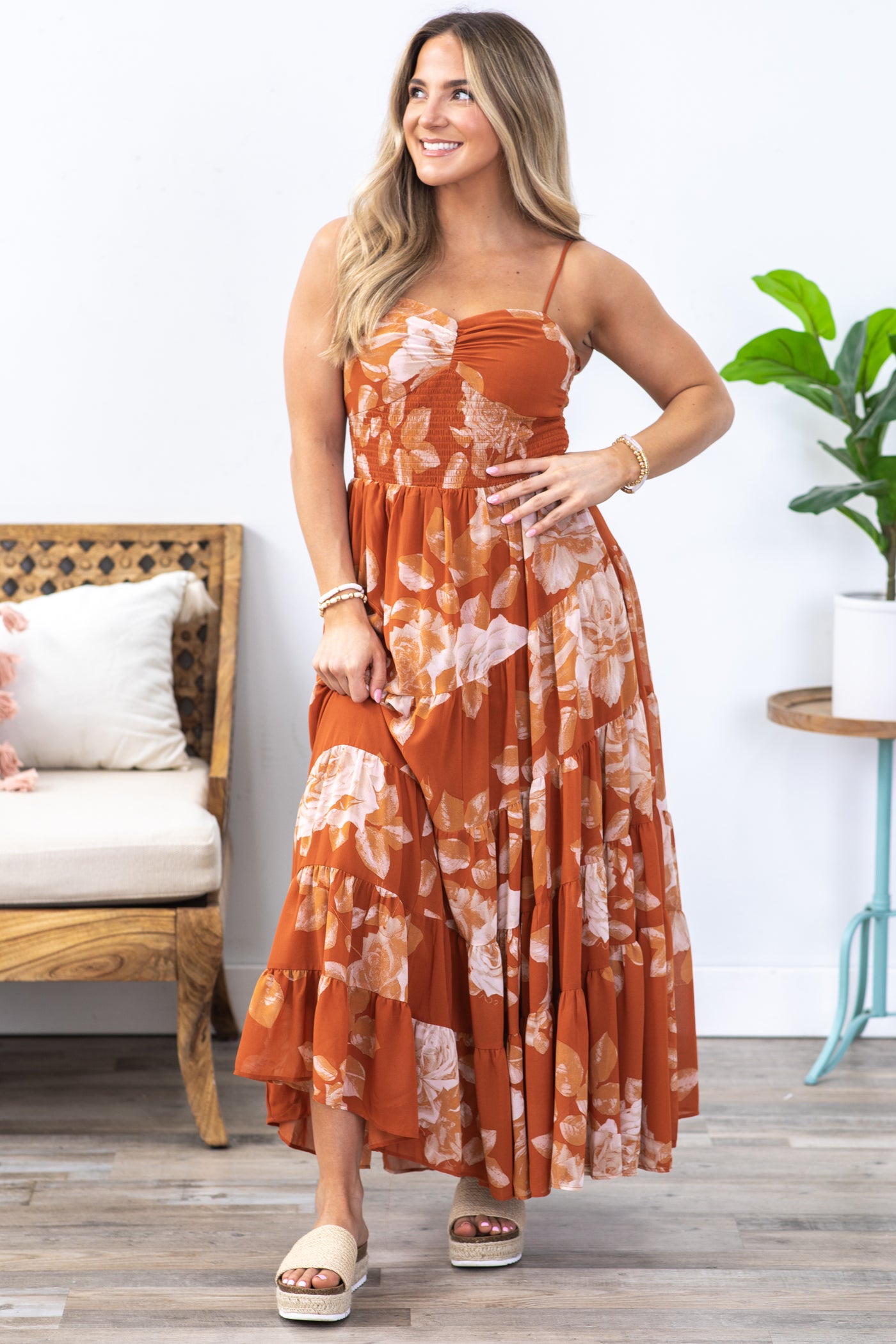 Burnt Orange Floral Spiral Tiered Maxi Dress · Filly Flair Burnt Orange Floral Spiral Tiered Maxi Dress · Filly Flair
