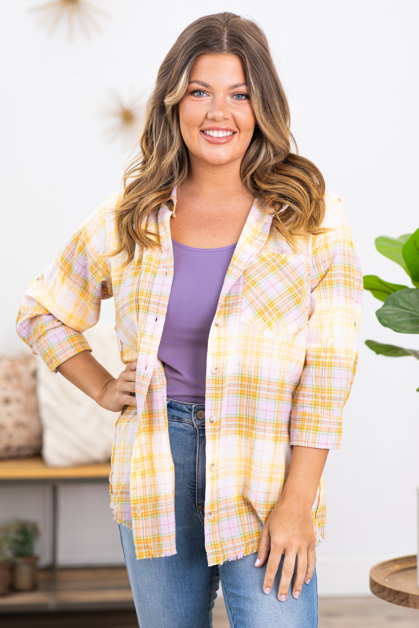 Golden Yellow and Lavender Plaid Button Up Top - Filly Flair