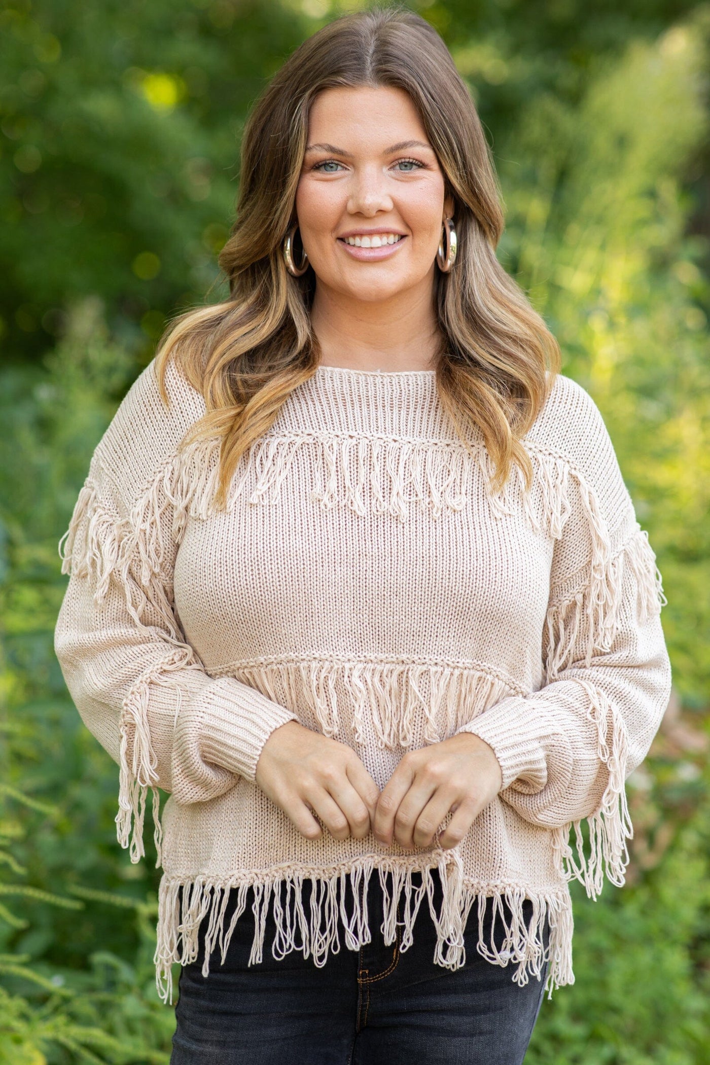 Tan Lightweight Sweater With Fringe Detail - Filly Flair