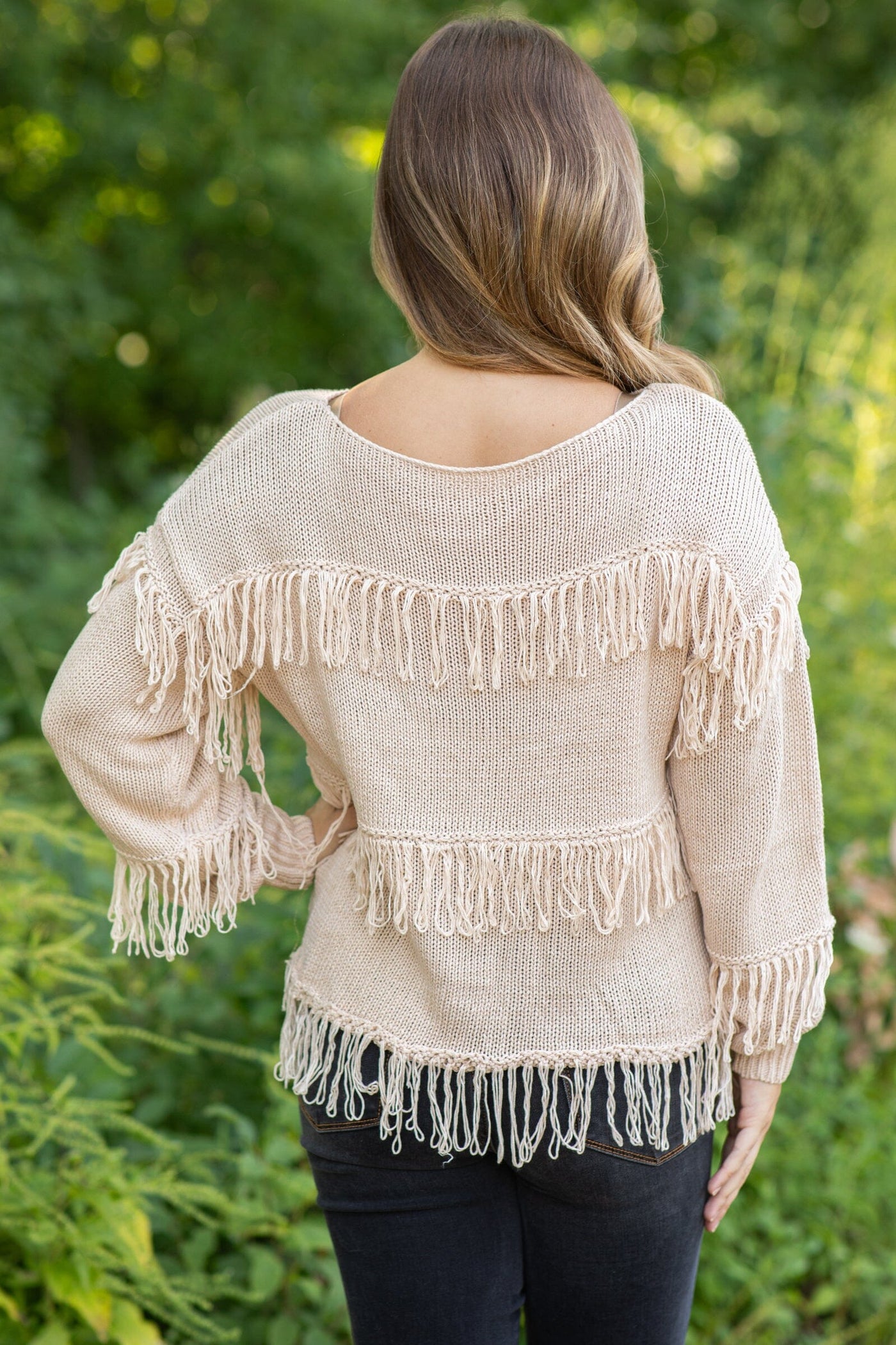 Tan Lightweight Sweater With Fringe Detail - Filly Flair