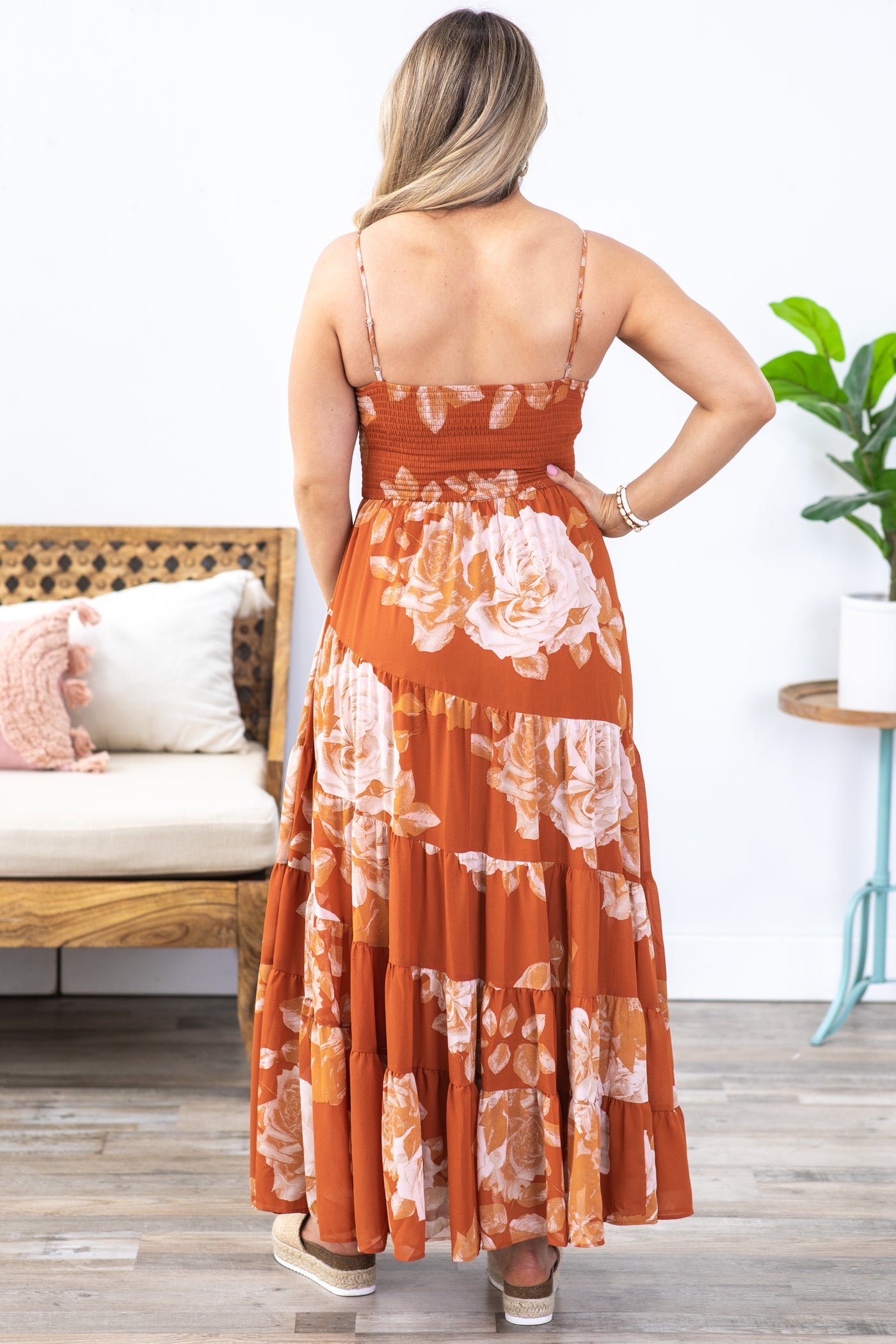 Burnt Orange Floral Spiral Tiered Maxi Dress - S Burnt Orange Floral Spiral Tiered Maxi Dress - S
