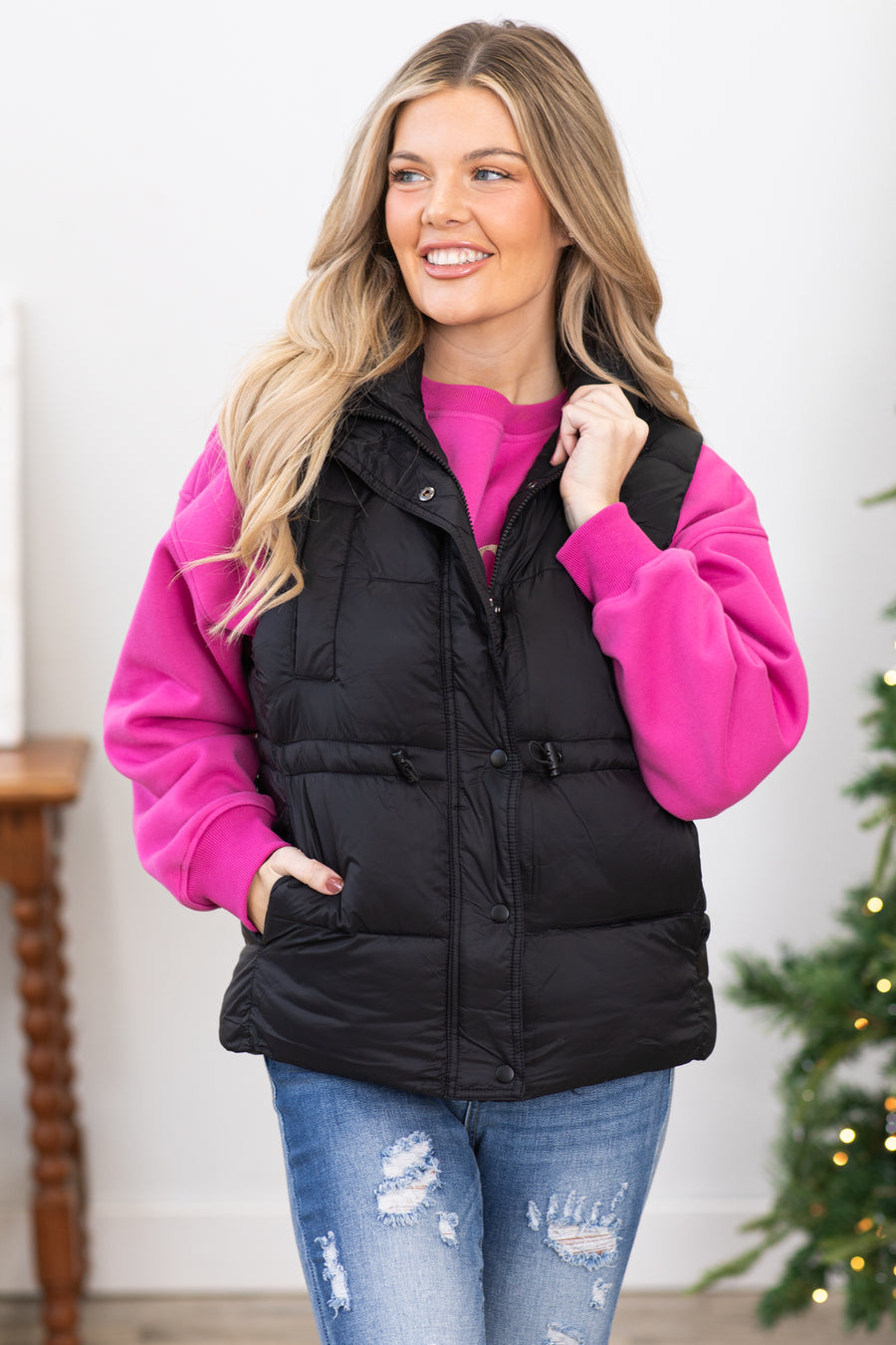 Black Channel Quilted Puffer Vest