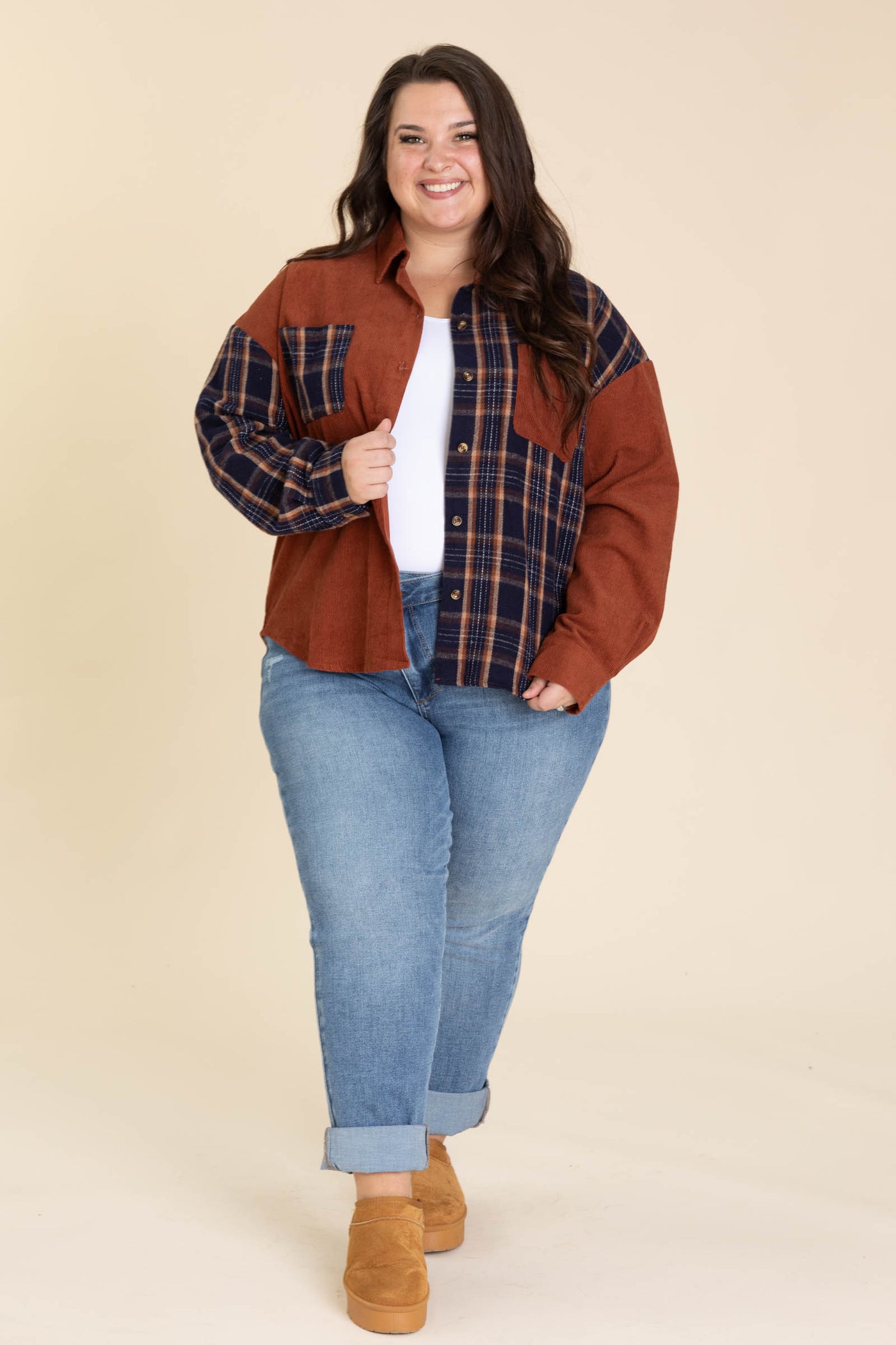 Rust And Navy Mixed Plaid Button Up Top