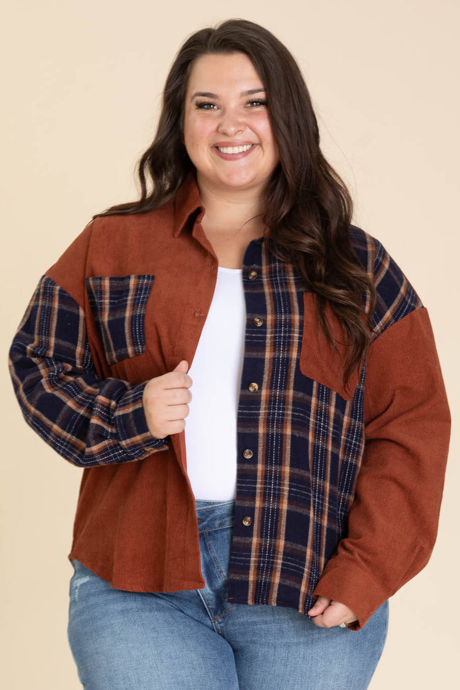 Rust And Navy Mixed Plaid Button Up Top