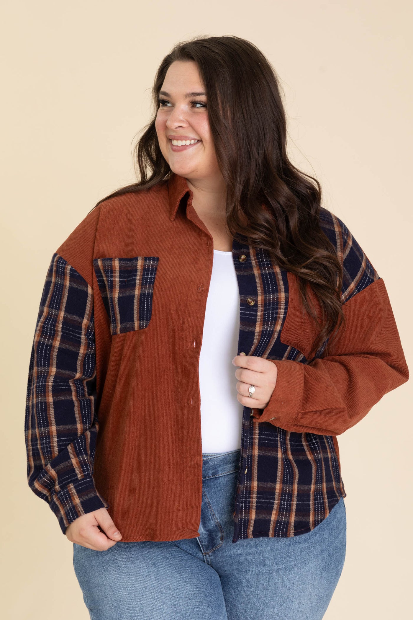 Rust And Navy Mixed Plaid Button Up Top