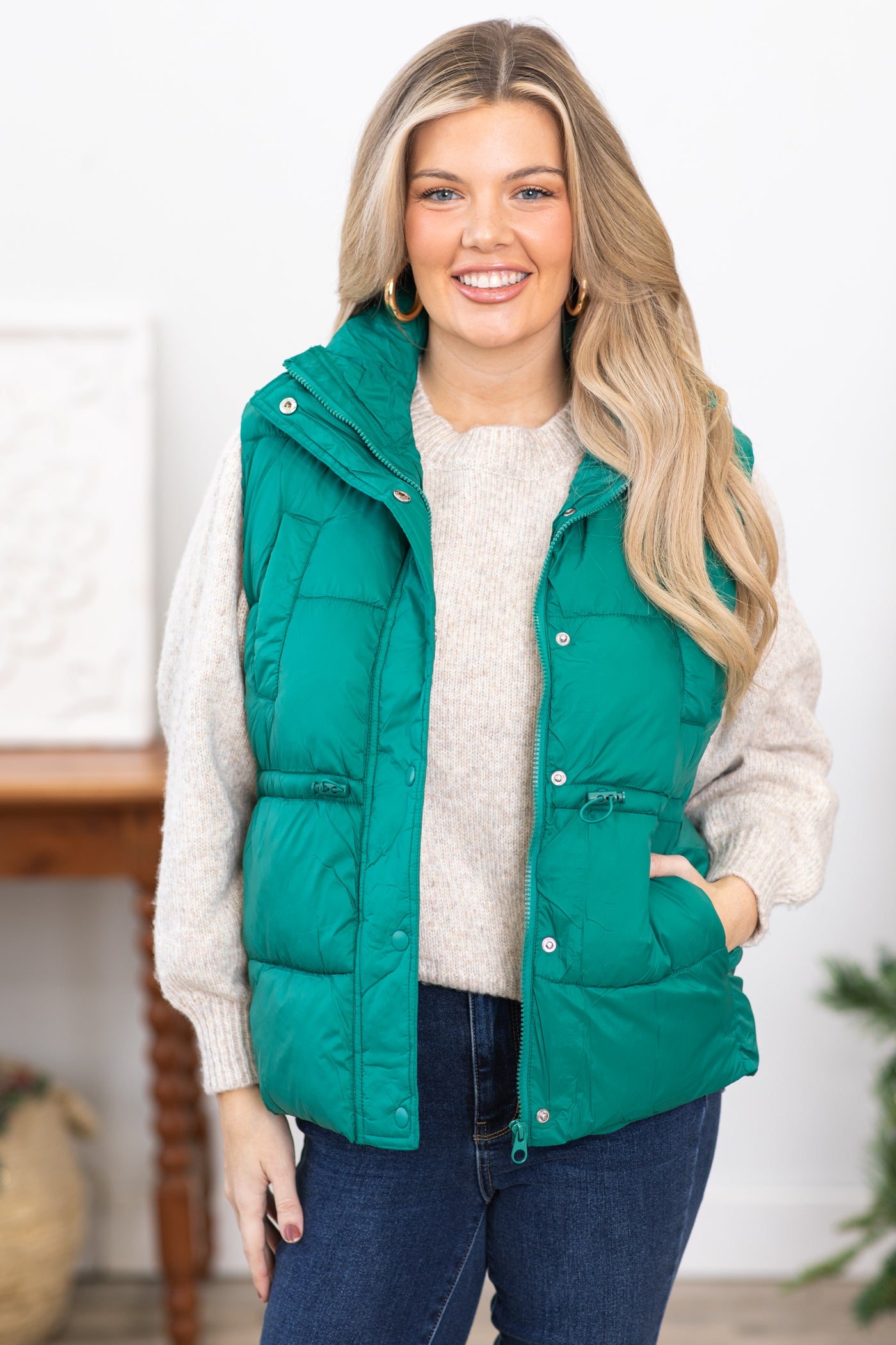 Emerald Green Channel Quilted Puffer Vest