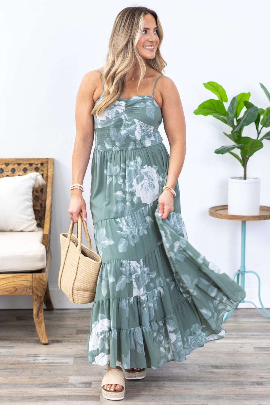 Dusty Sage Floral Spiral Tiered Maxi Dress