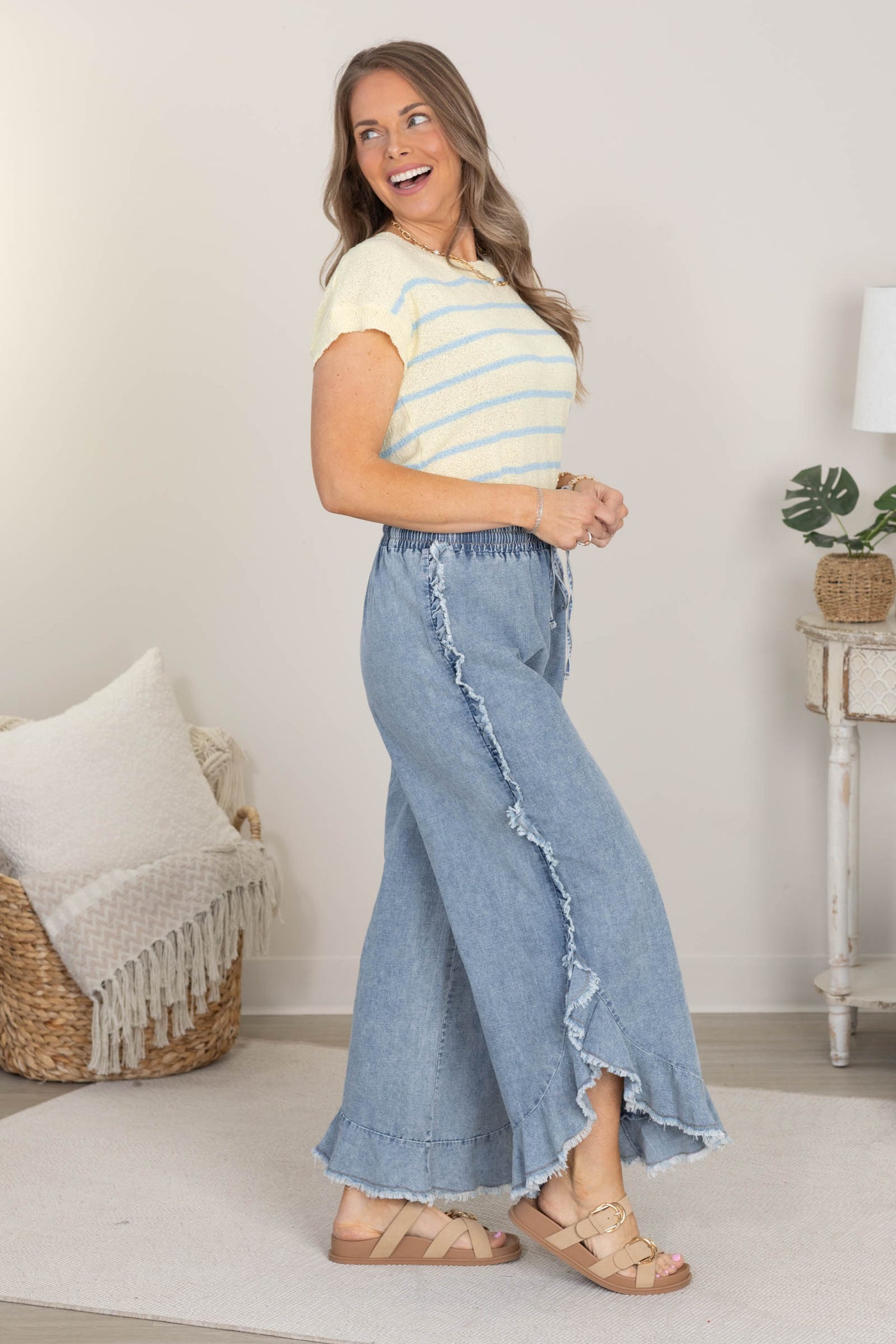 Dark Chambray Wash Ruffle Fray Hem Pants