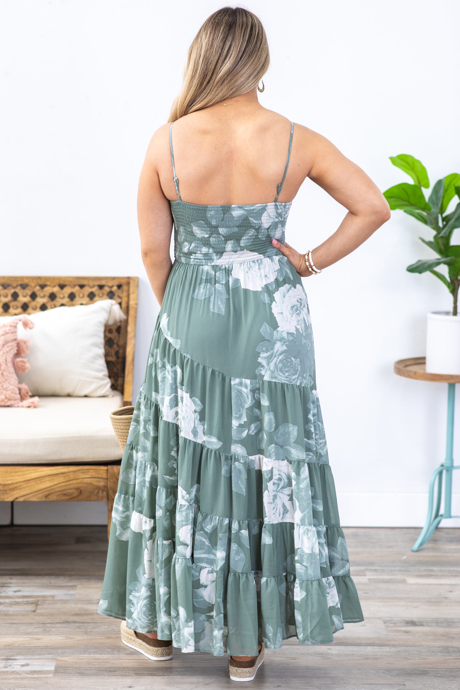 Dusty Sage Floral Spiral Tiered Maxi Dress