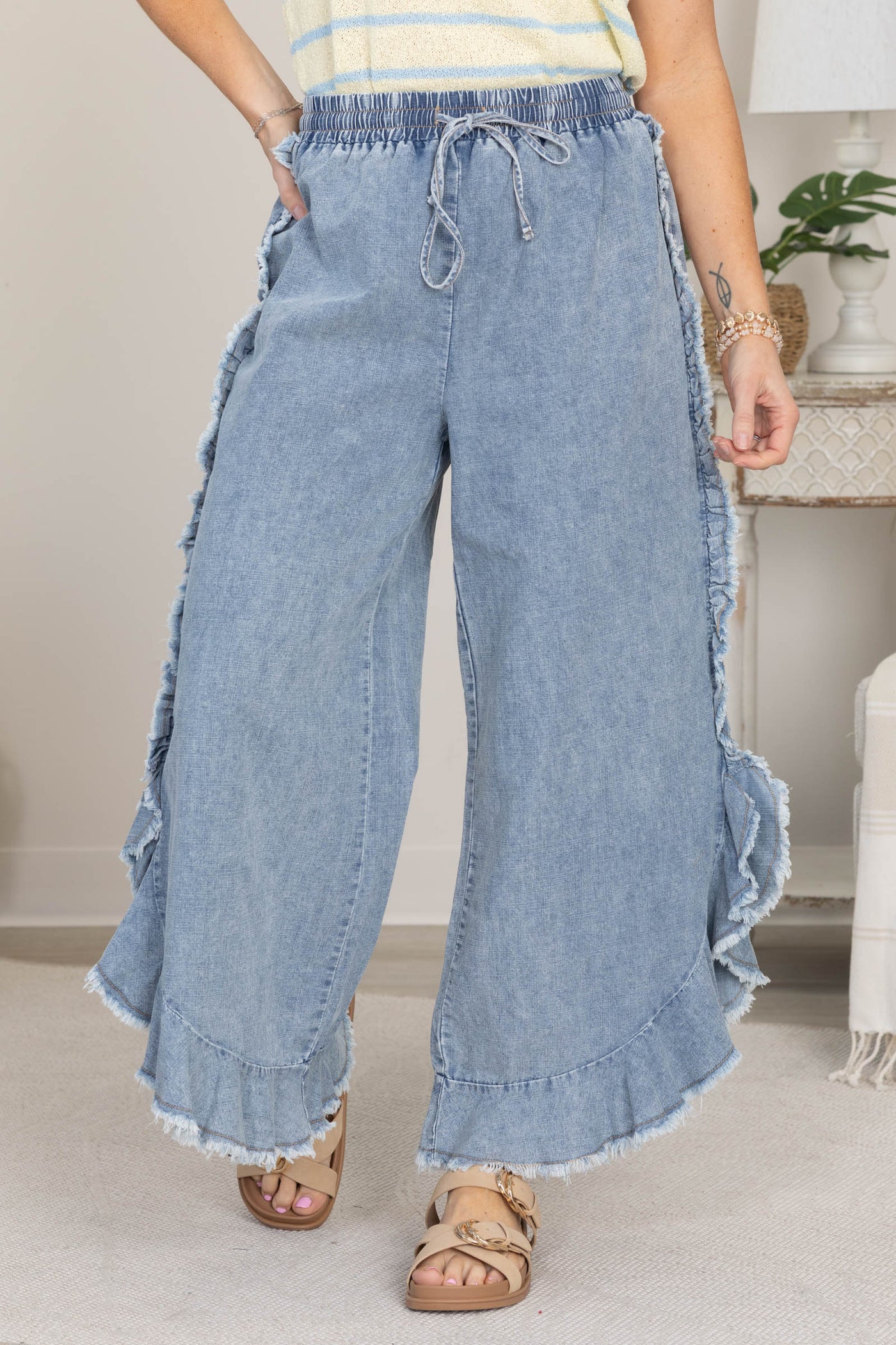 Dark Chambray Wash Ruffle Fray Hem Pants
