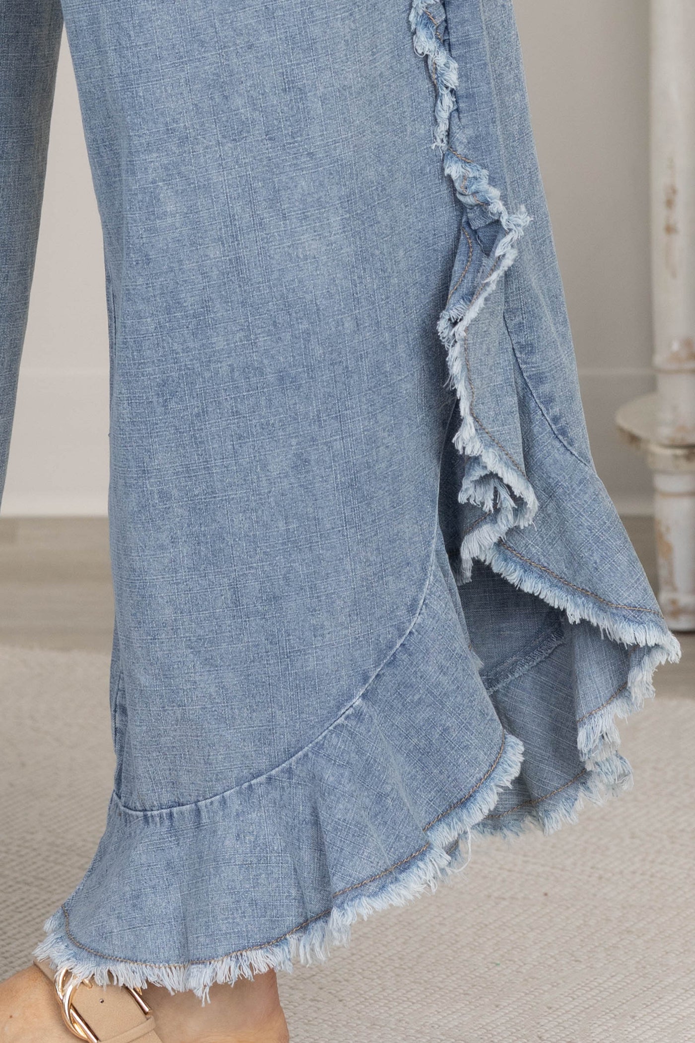 Dark Chambray Wash Ruffle Fray Hem Pants