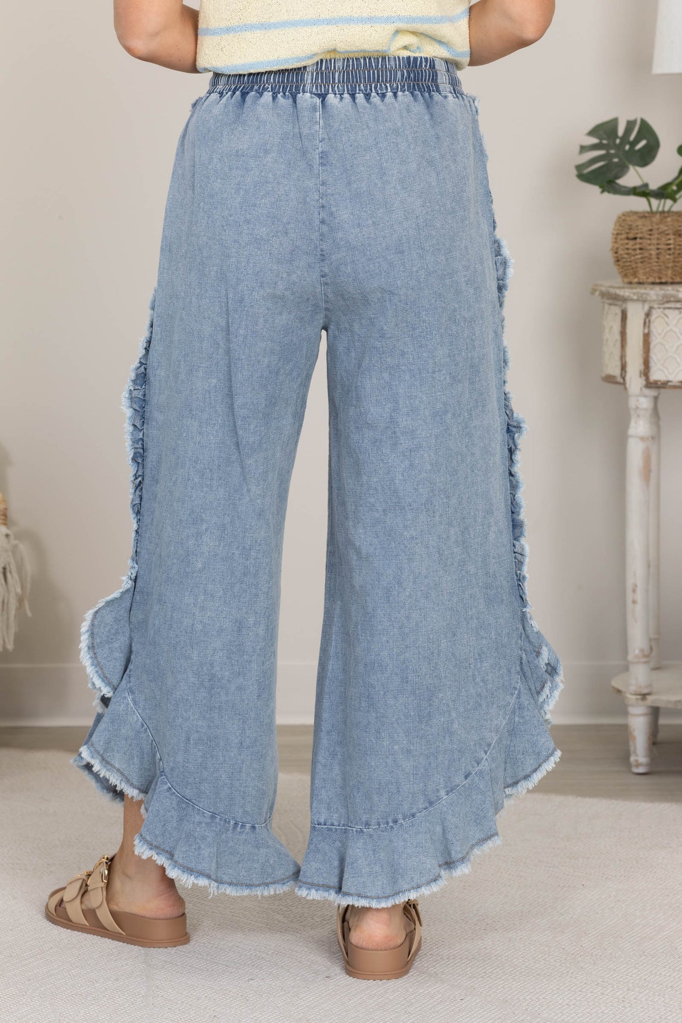 Dark Chambray Wash Ruffle Fray Hem Pants
