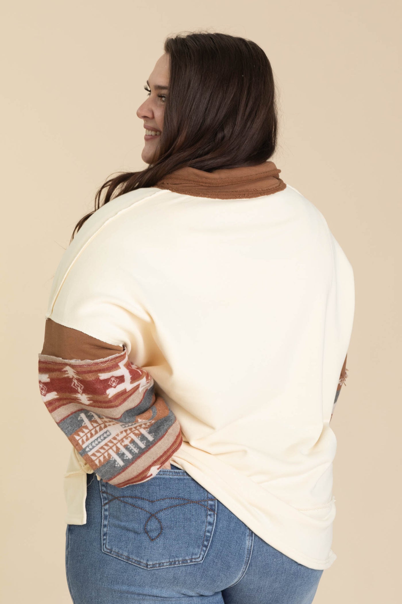 Cream French Terry And Aztec Print Top