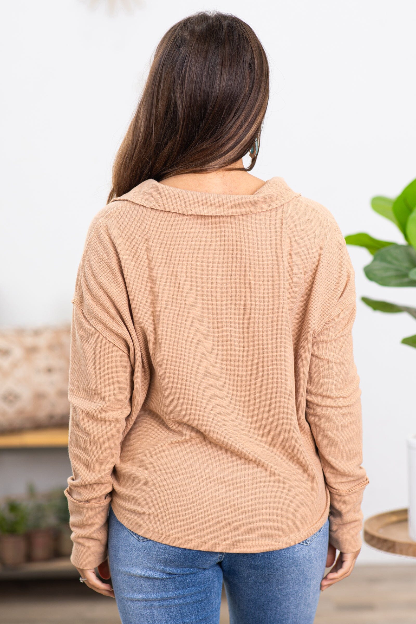 Light Mocha V-Neck With Collar Detail - Filly Flair