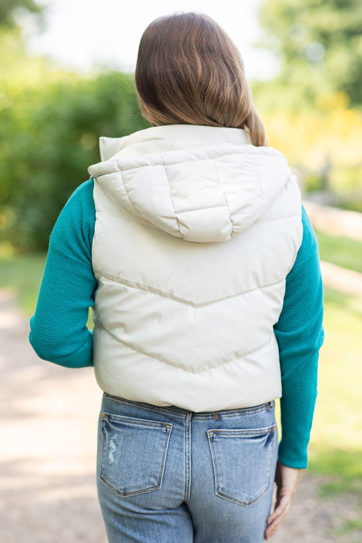 Off White Hooded Channel Quilted Puffer Vest - Filly Flair