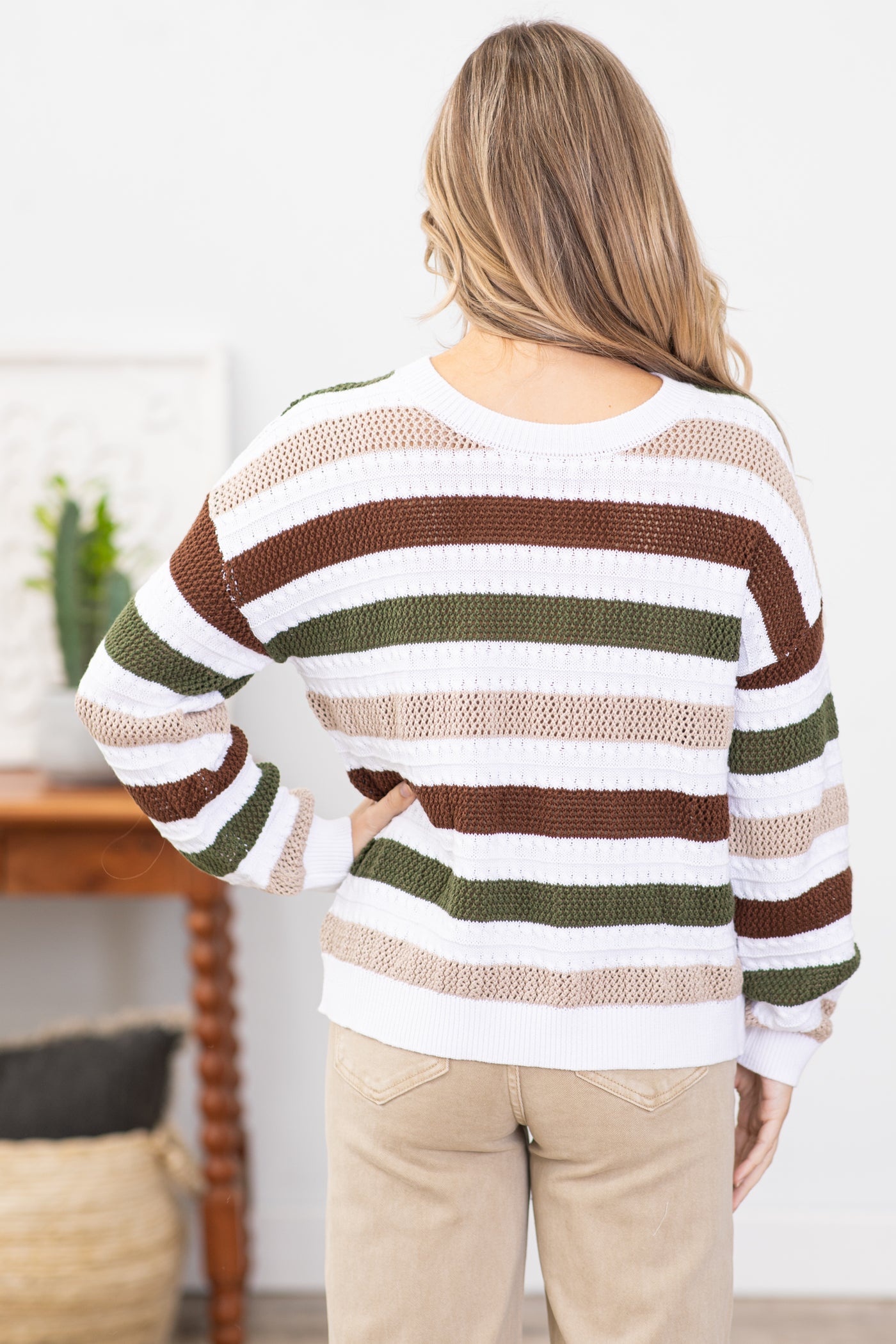 Brown and Olive Stripe Drop Shoulder Sweater