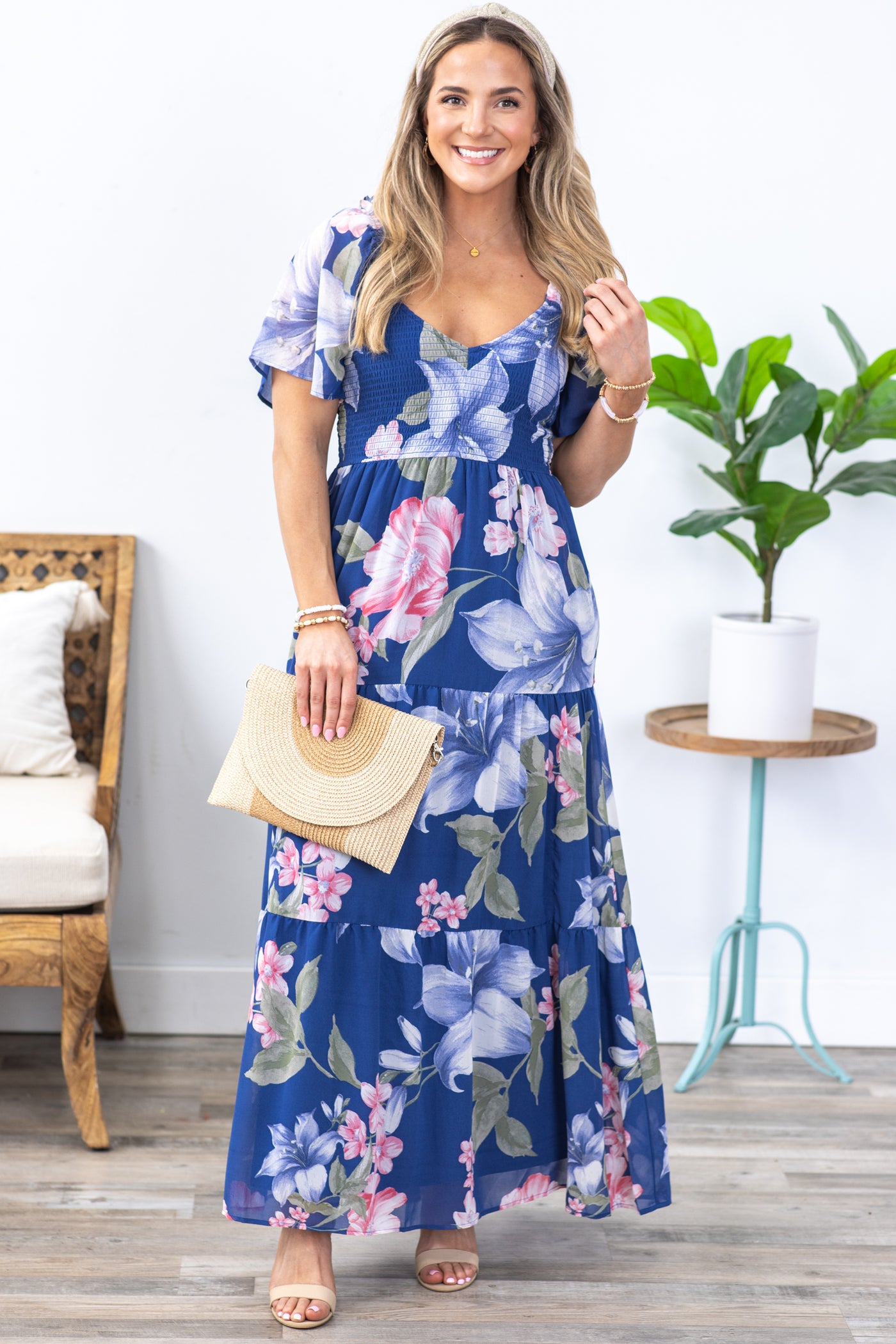 Navy Floral Smocked And Tiered Maxi Dress