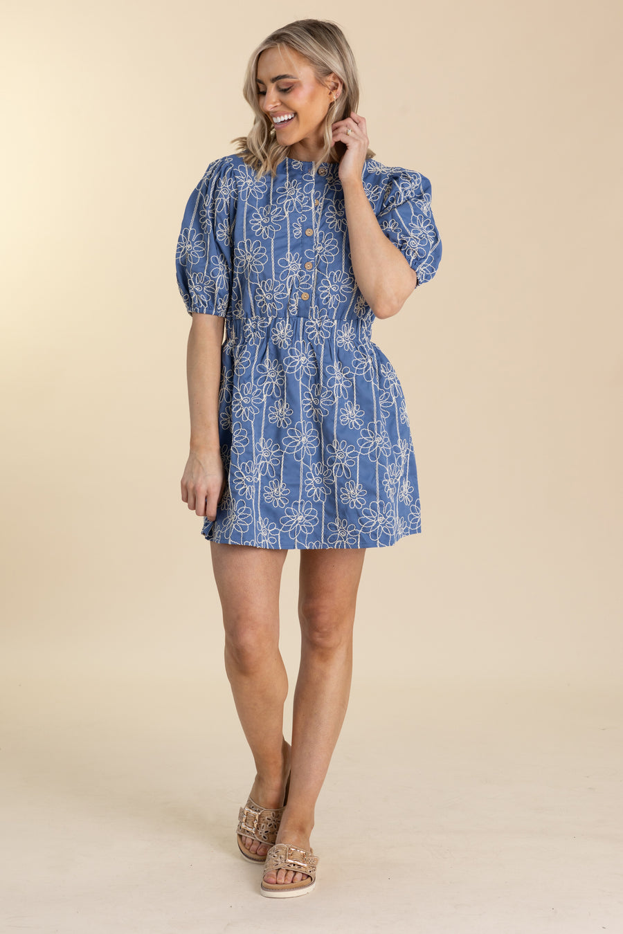 Denim Floral Embroidered Half Button Up Dress