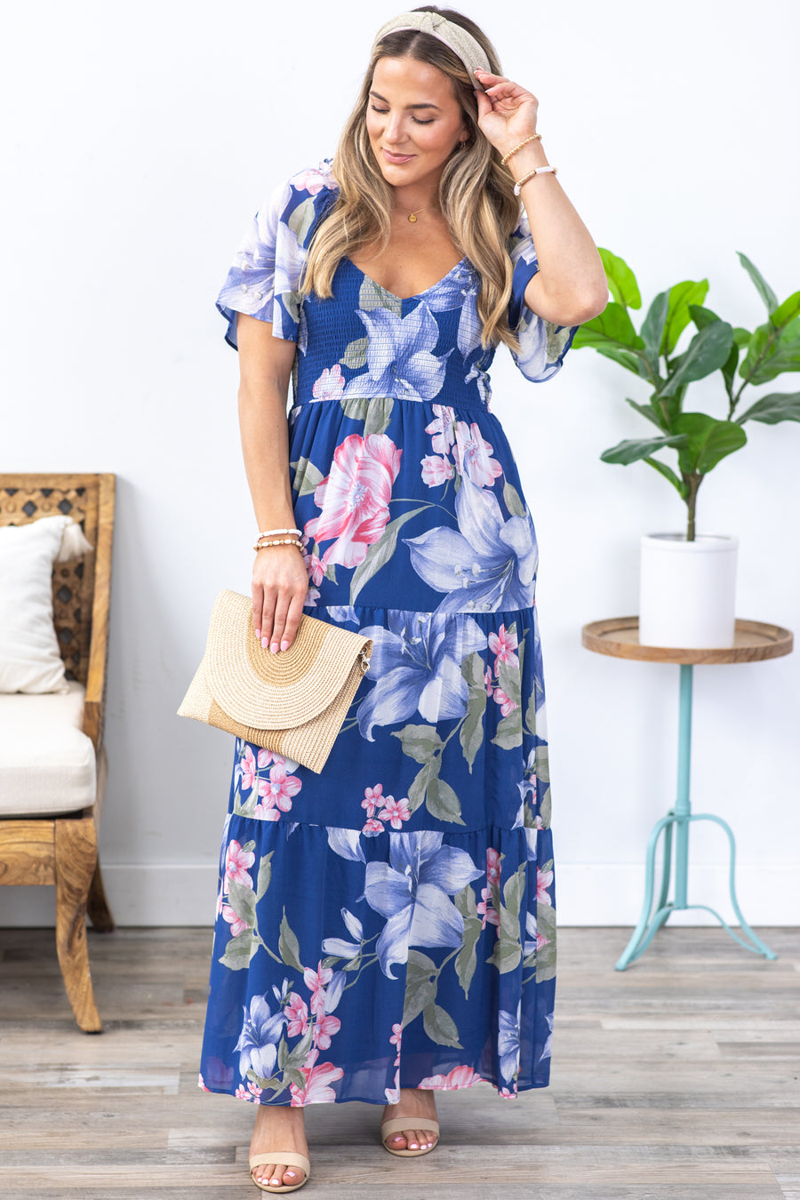 Navy Floral Smocked And Tiered Maxi Dress