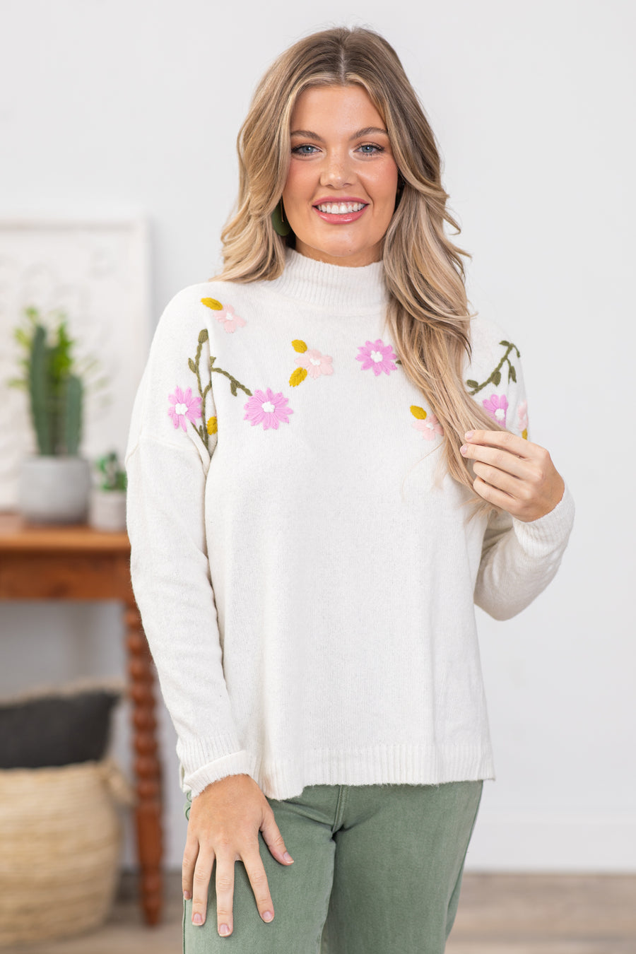 Ivory Mock Neck Floral Embroidered Sweater