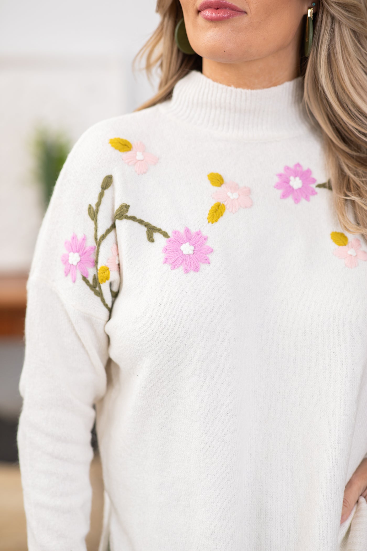 Ivory Mock Neck Floral Embroidered Sweater