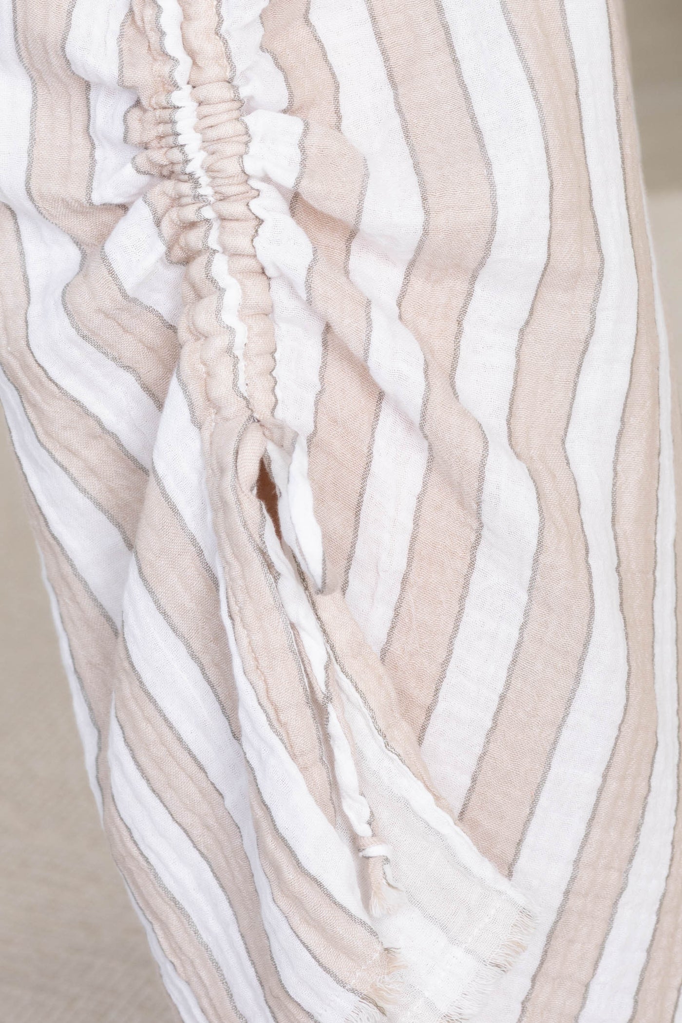 Taupe And White Flowy Pants with Pockets Tie Detail