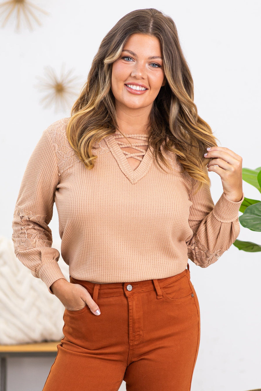 Tan Waffle Knit Top With Lace Inset Arms - Filly Flair