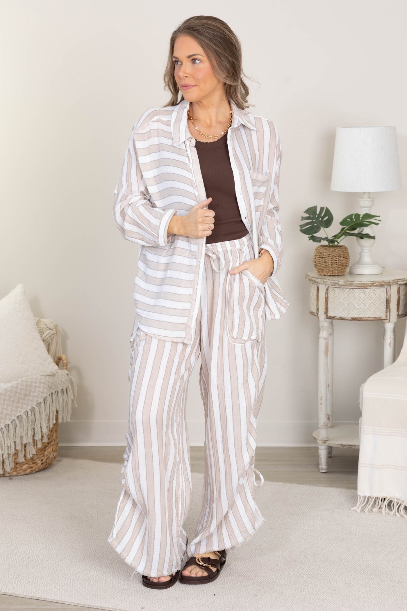 Taupe And White Flowy Pants with Pockets Tie Detail