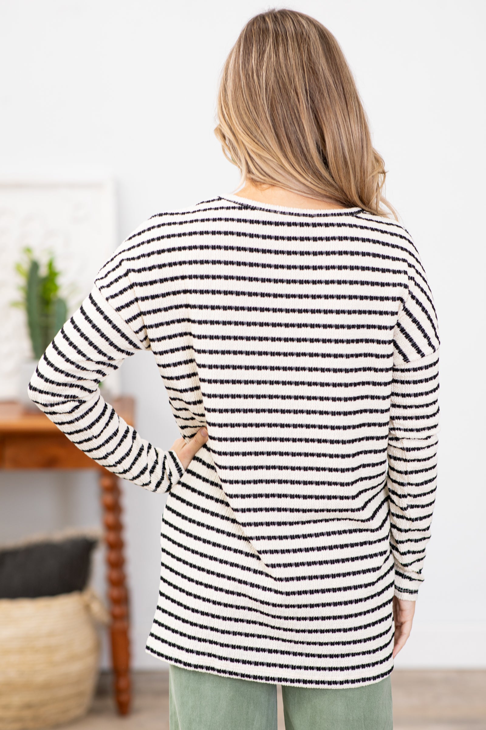Ivory and Black Textured Stripe Top With Slits