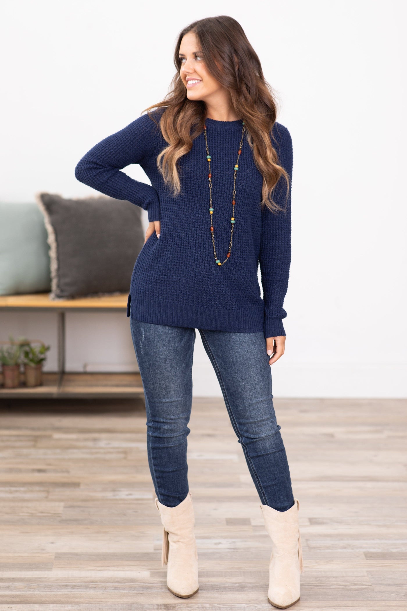 Navy Waffle Knit Round Neck Sweater - Filly Flair