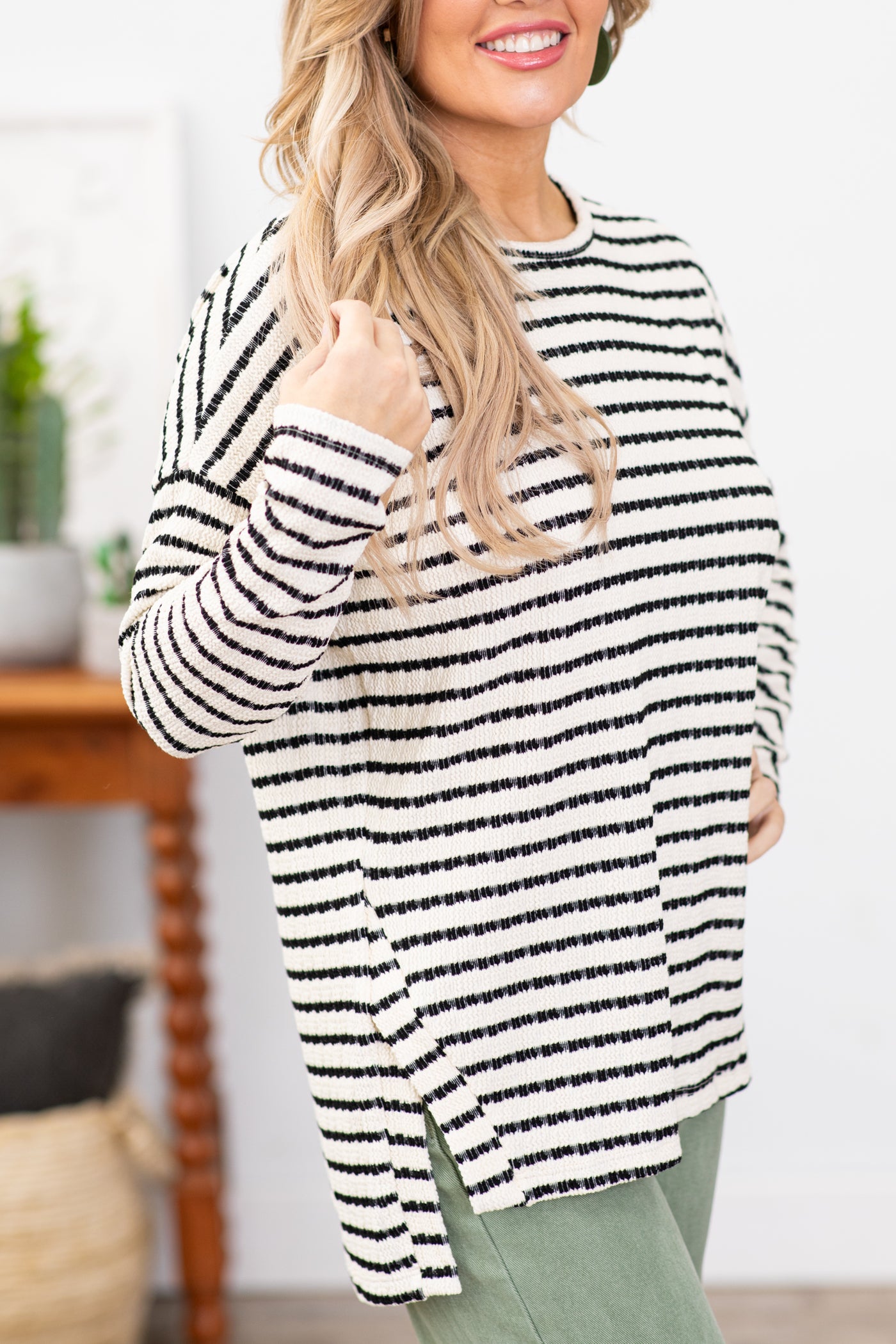 Ivory and Black Textured Stripe Top With Slits