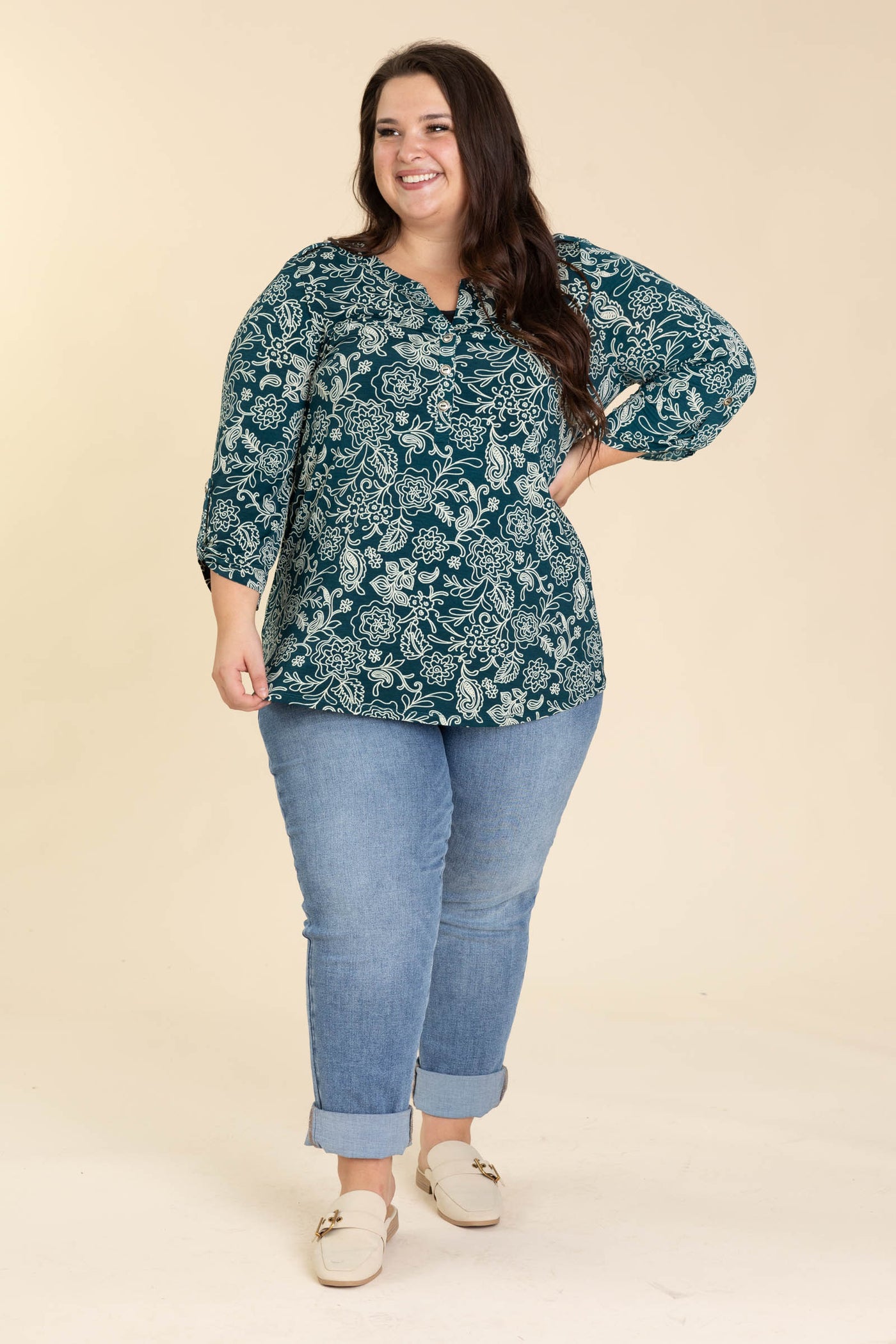 Hunter Green Floral Lizzy Wrinkle Free Top