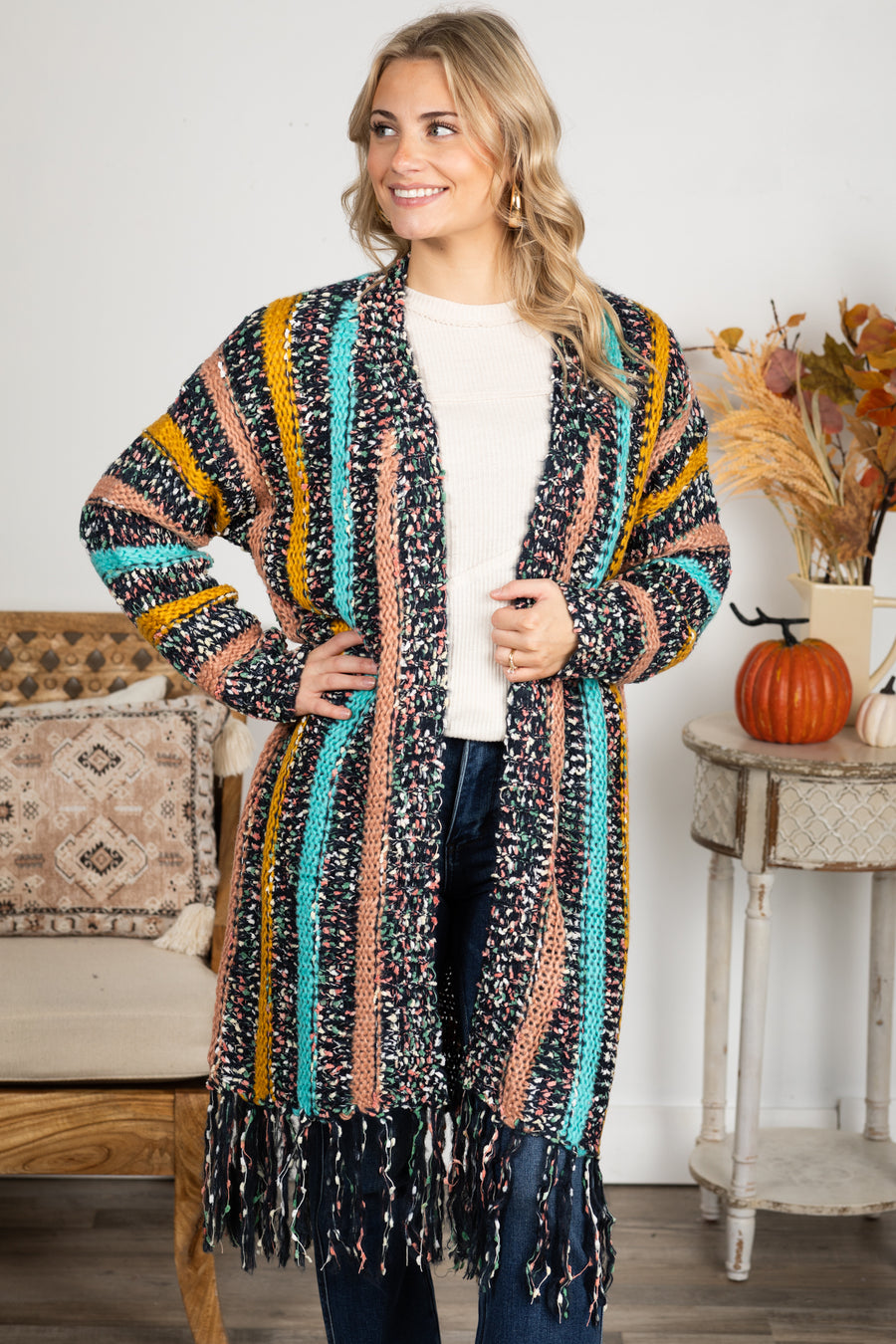 Navy Multi Color Fringe Cardigan