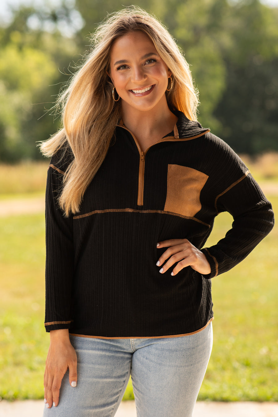 Black And Camel Ribbed Quarter Zip