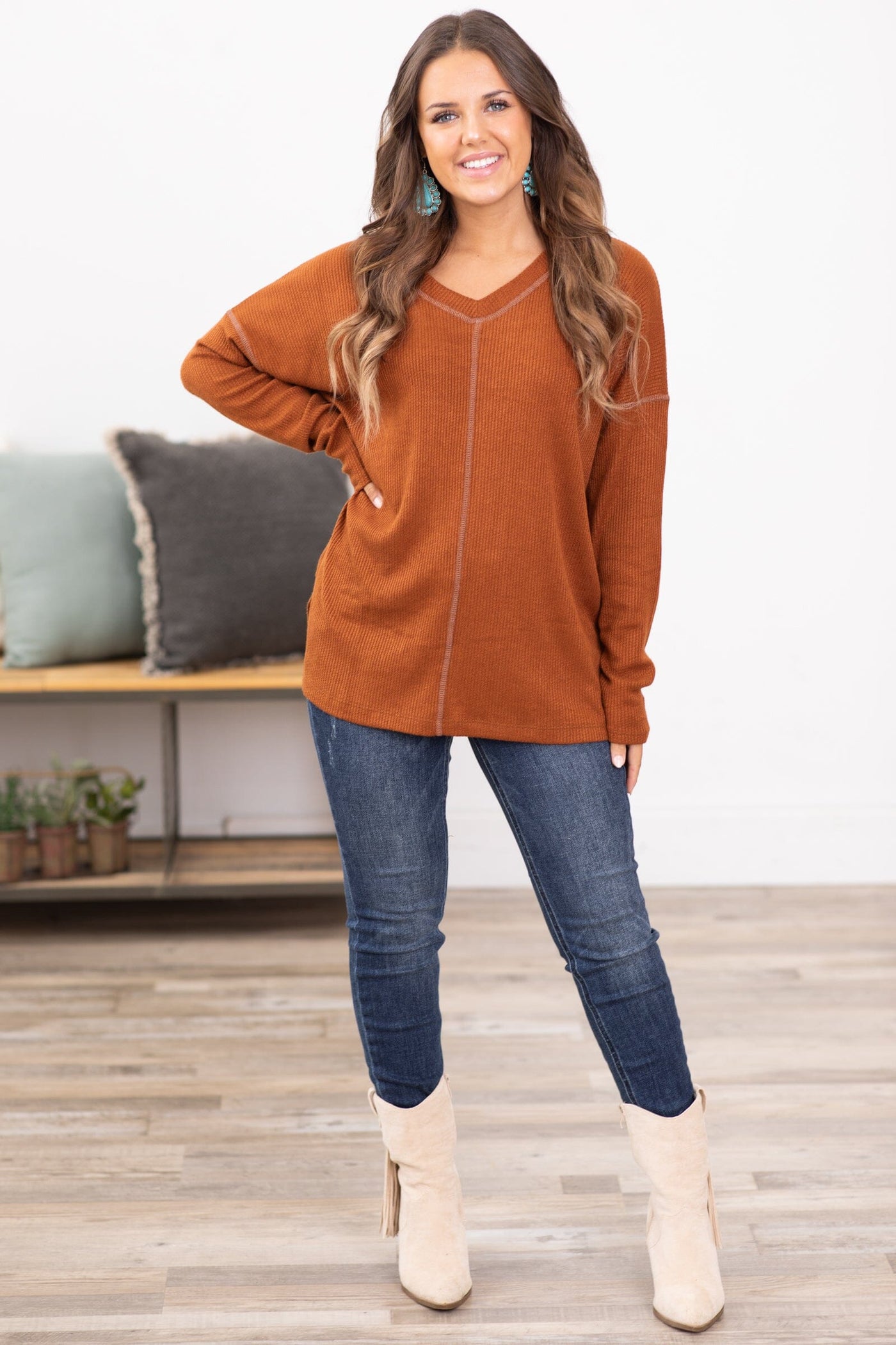 Rust V-Neck Contrast Stitch Top - Filly Flair