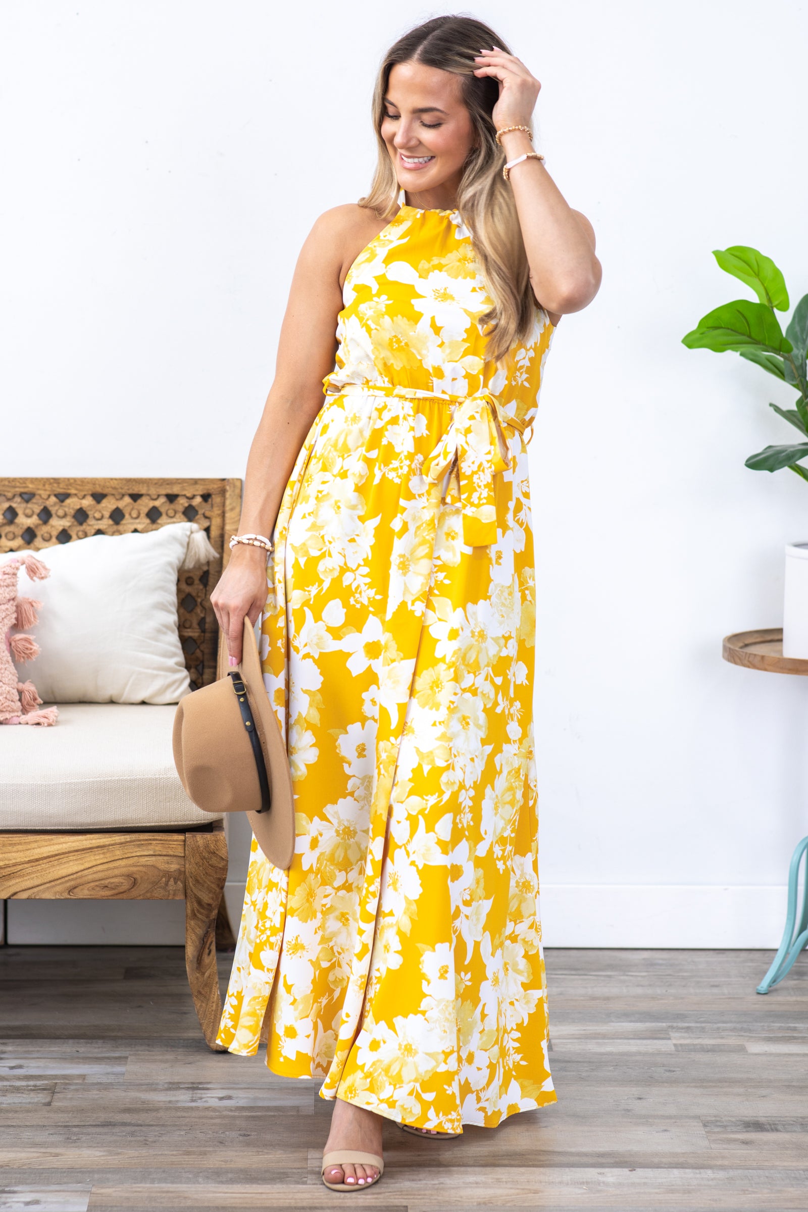 Gold And White Halter Neck Maxi Dress