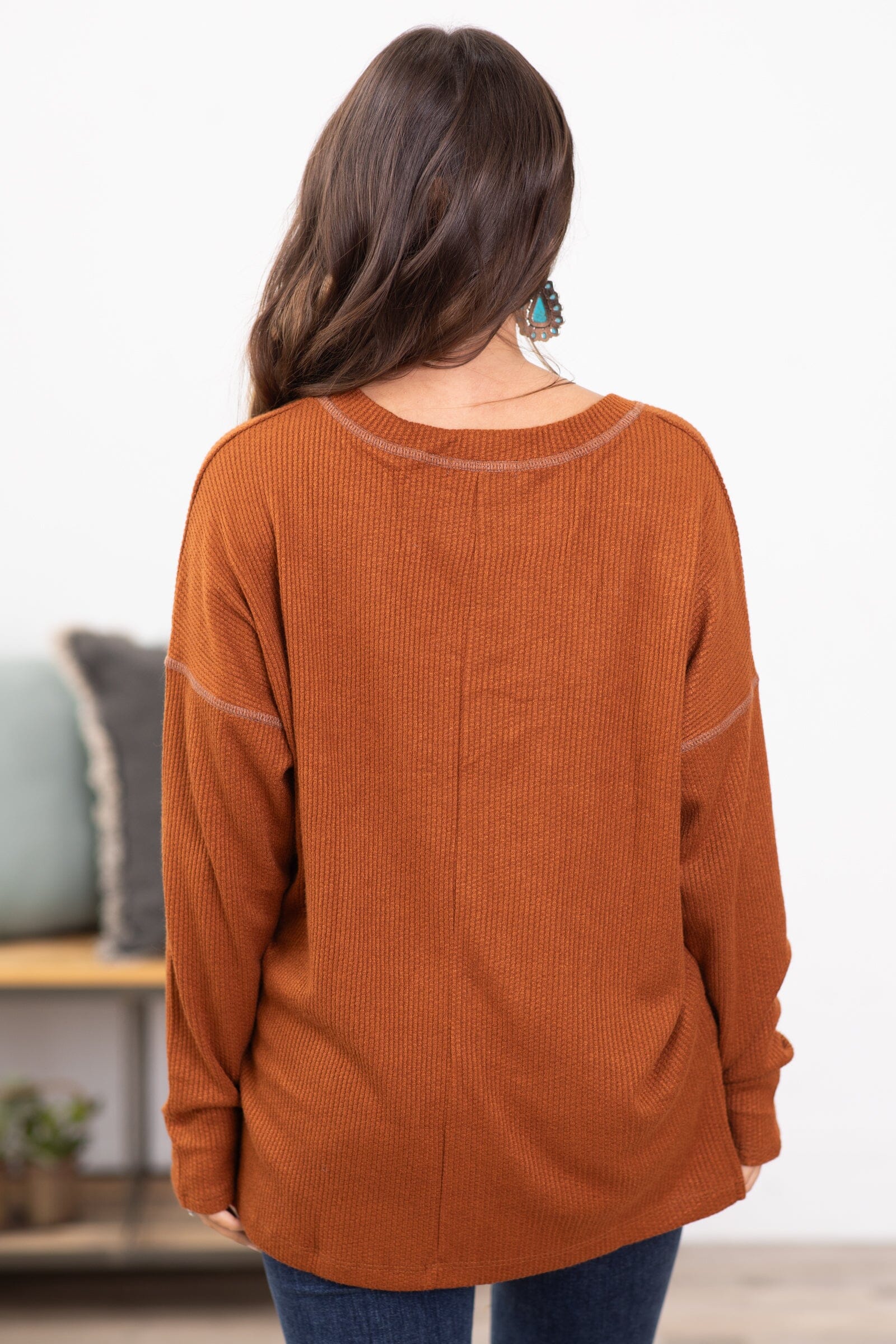Rust V-Neck Contrast Stitch Top - Filly Flair