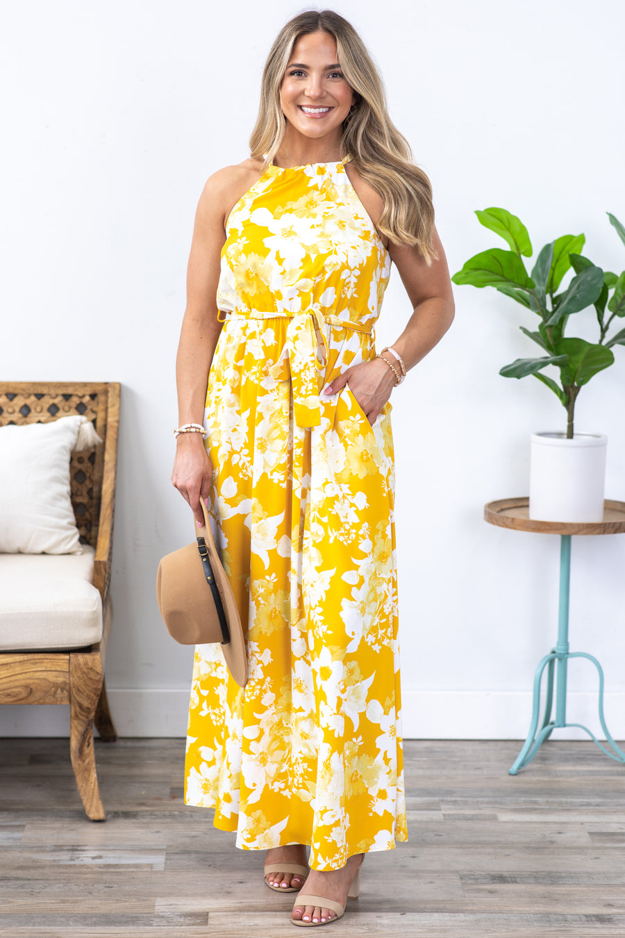 Gold And White Halter Neck Maxi Dress