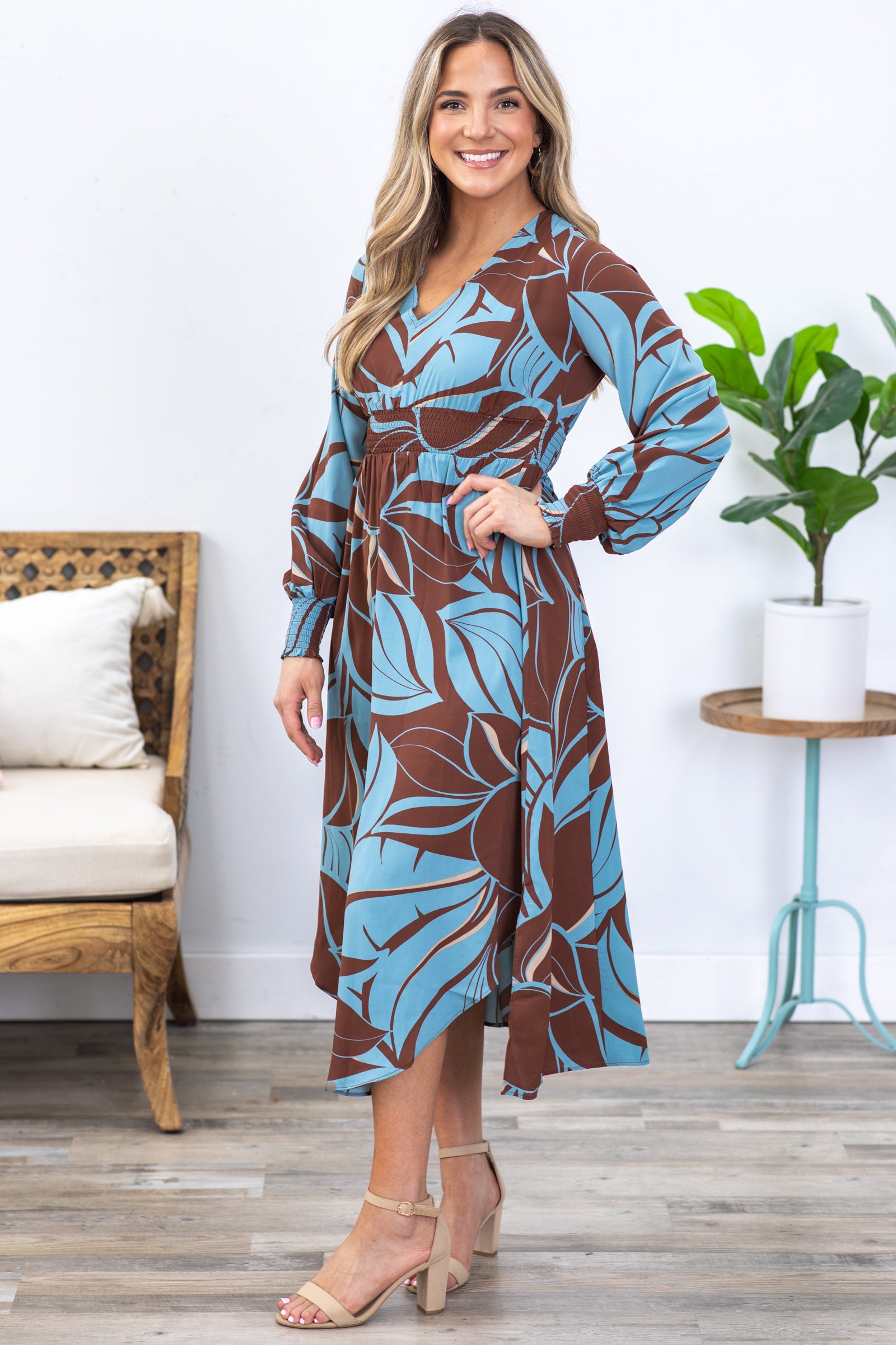 Brown and Dusty Blue Long Sleeve Maxi Dress