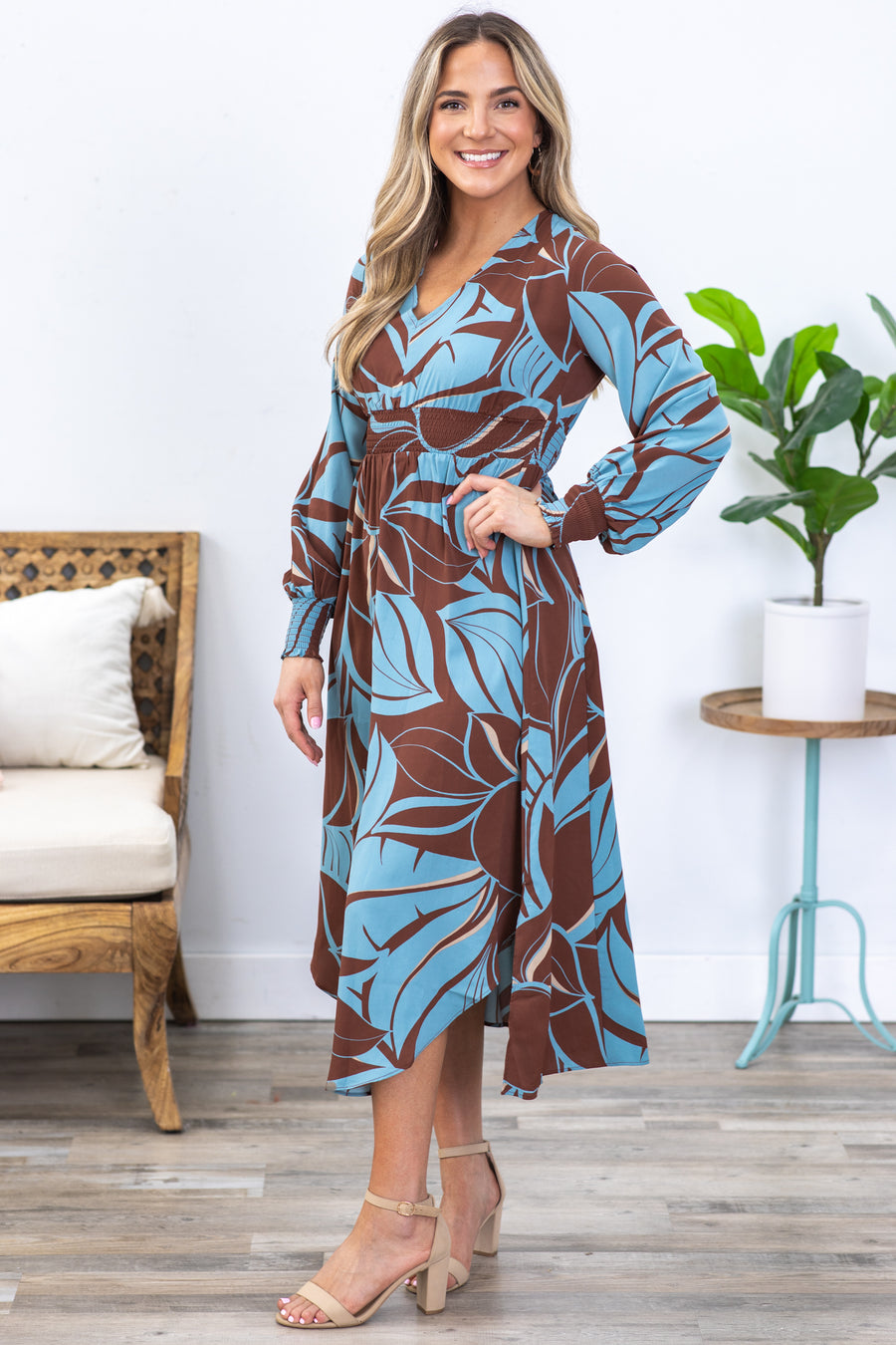 Brown and Dusty Blue Long Sleeve Maxi Dress