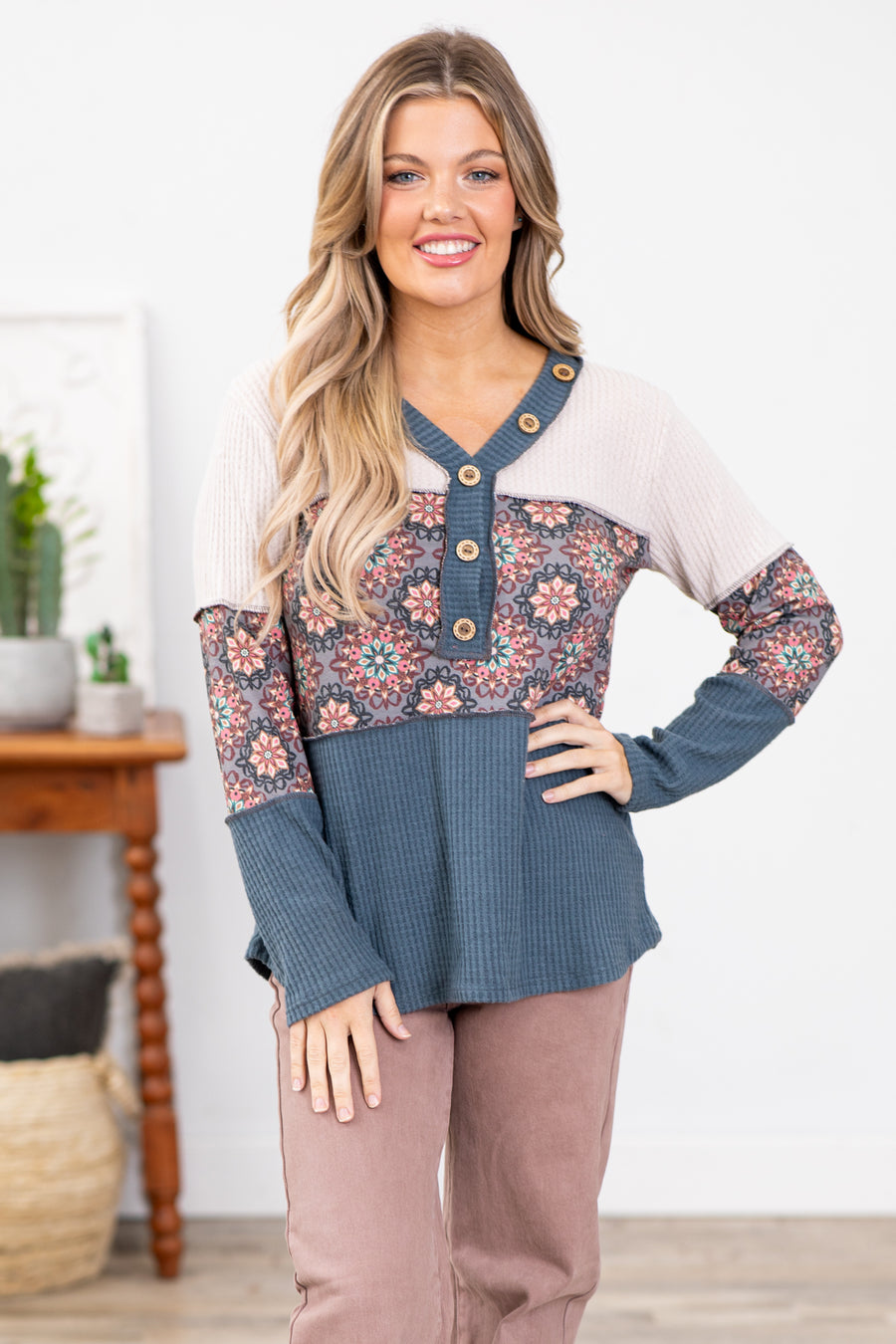 Dusty Blue Ribbed Top With Geo Print