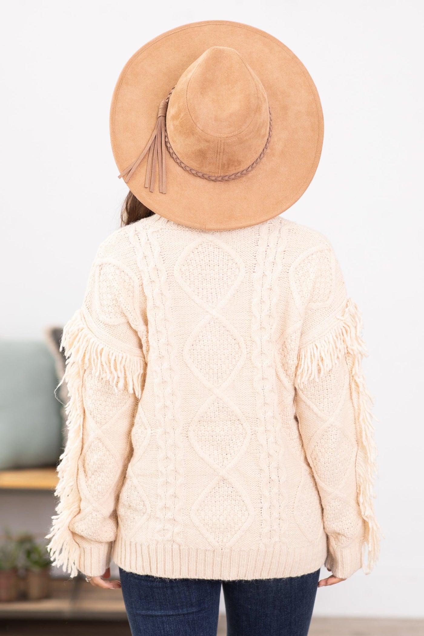 Beige Cable Knit Sweater With Fringe - Filly Flair