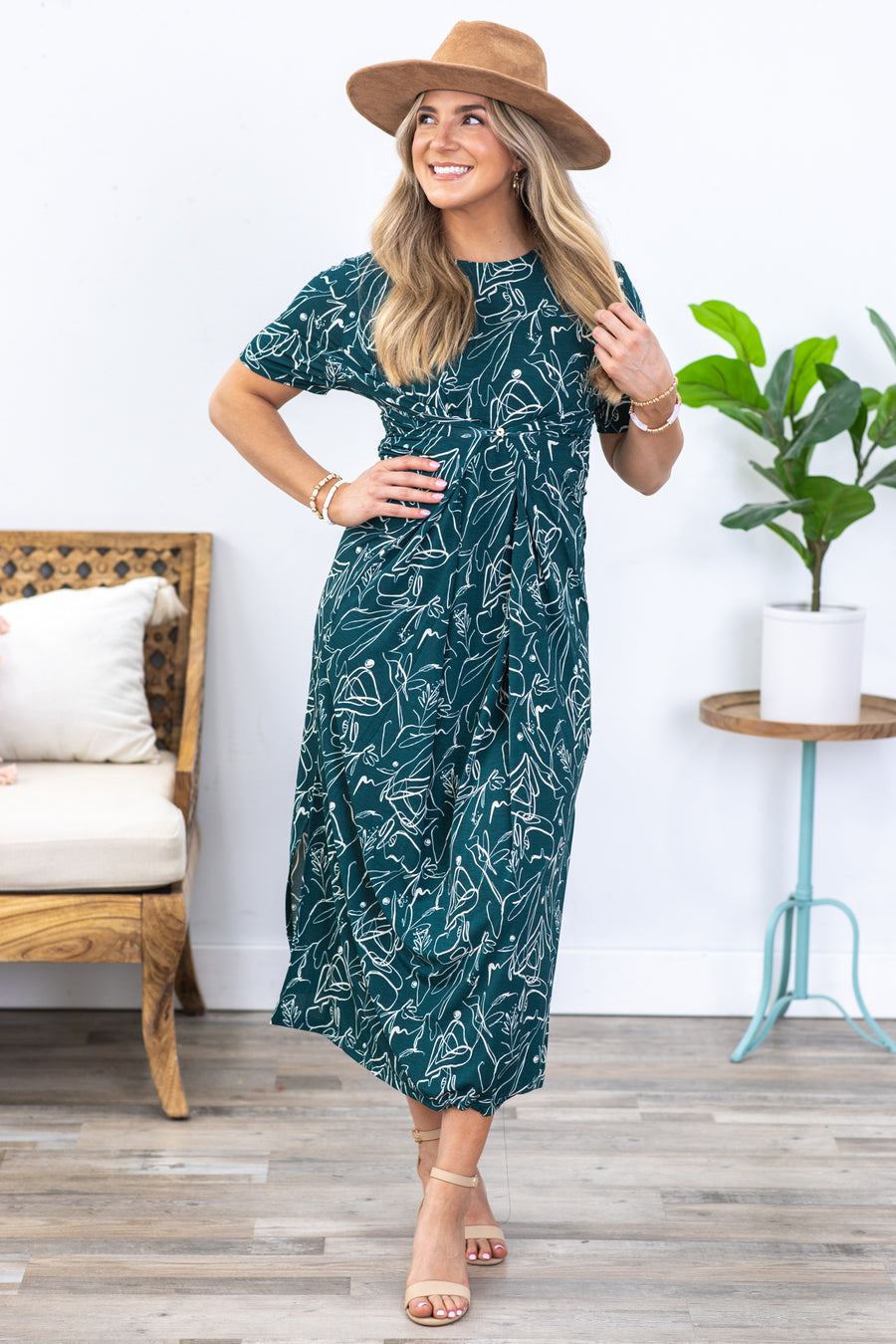 Emerald Green Floral Button Detail Maxi Dress
