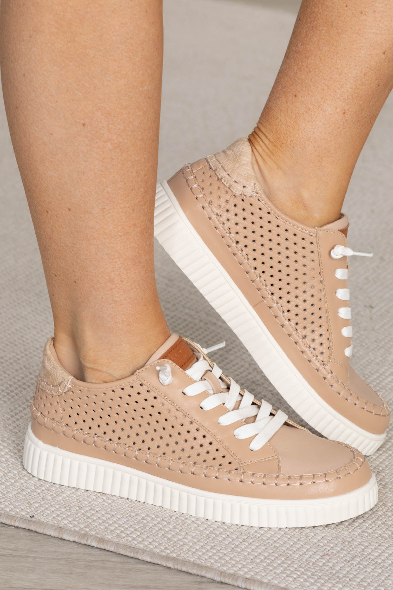 Tan Lace Up Perforated Platform Sneaker