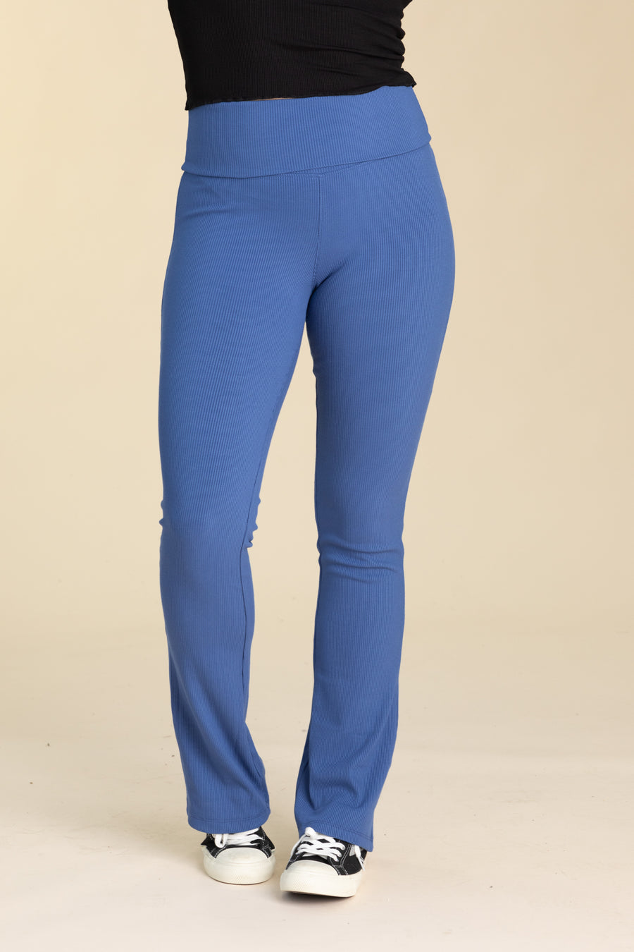Blue Ribbed Foldover Waist Lounge Flare Pants