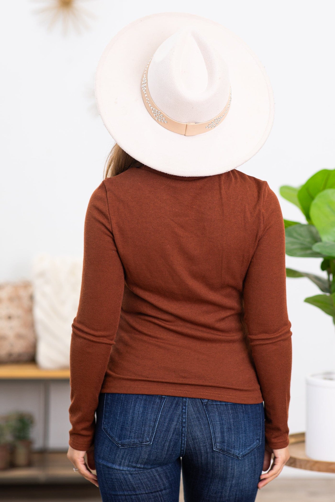 Cognac Long Sleeve Top With Cutout Detail - Filly Flair