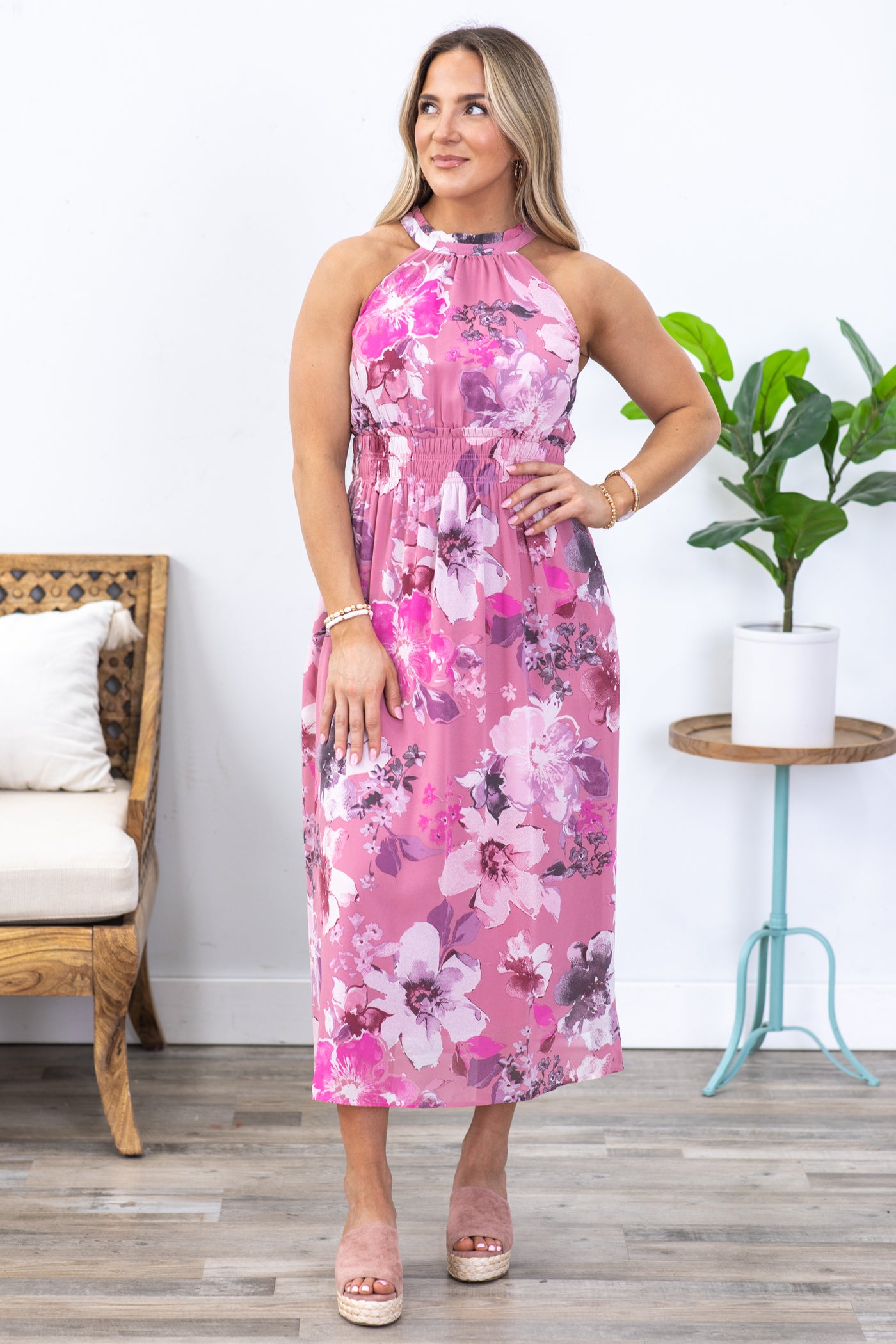 Dusty Pink Floral Chiffon Halter Maxi Dress Filly Flair Dusty Pink Floral Chiffon Halter Maxi Dress Filly Flair