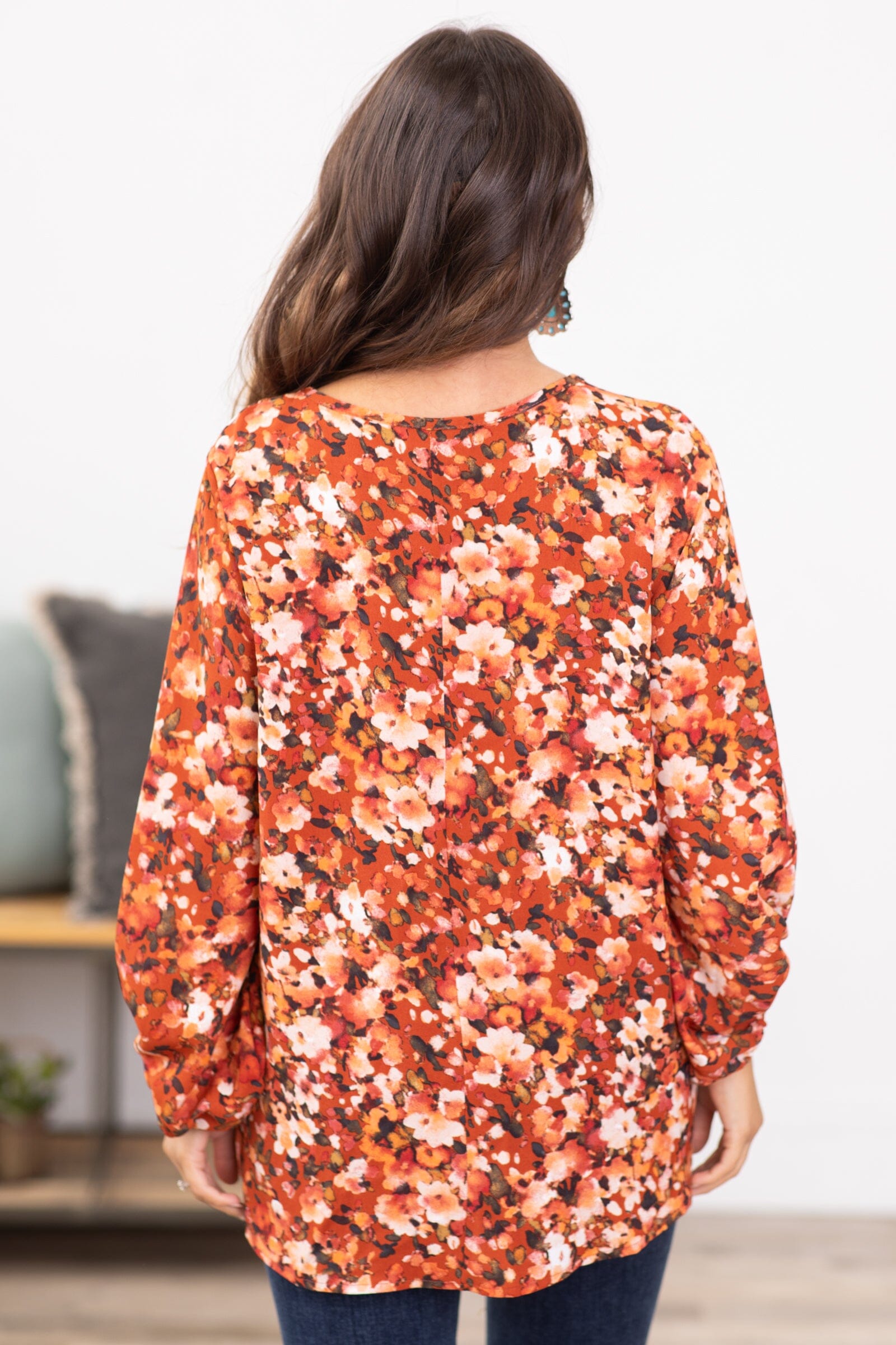 Rust and Orange Floral Print V-Neck Top - Filly Flair