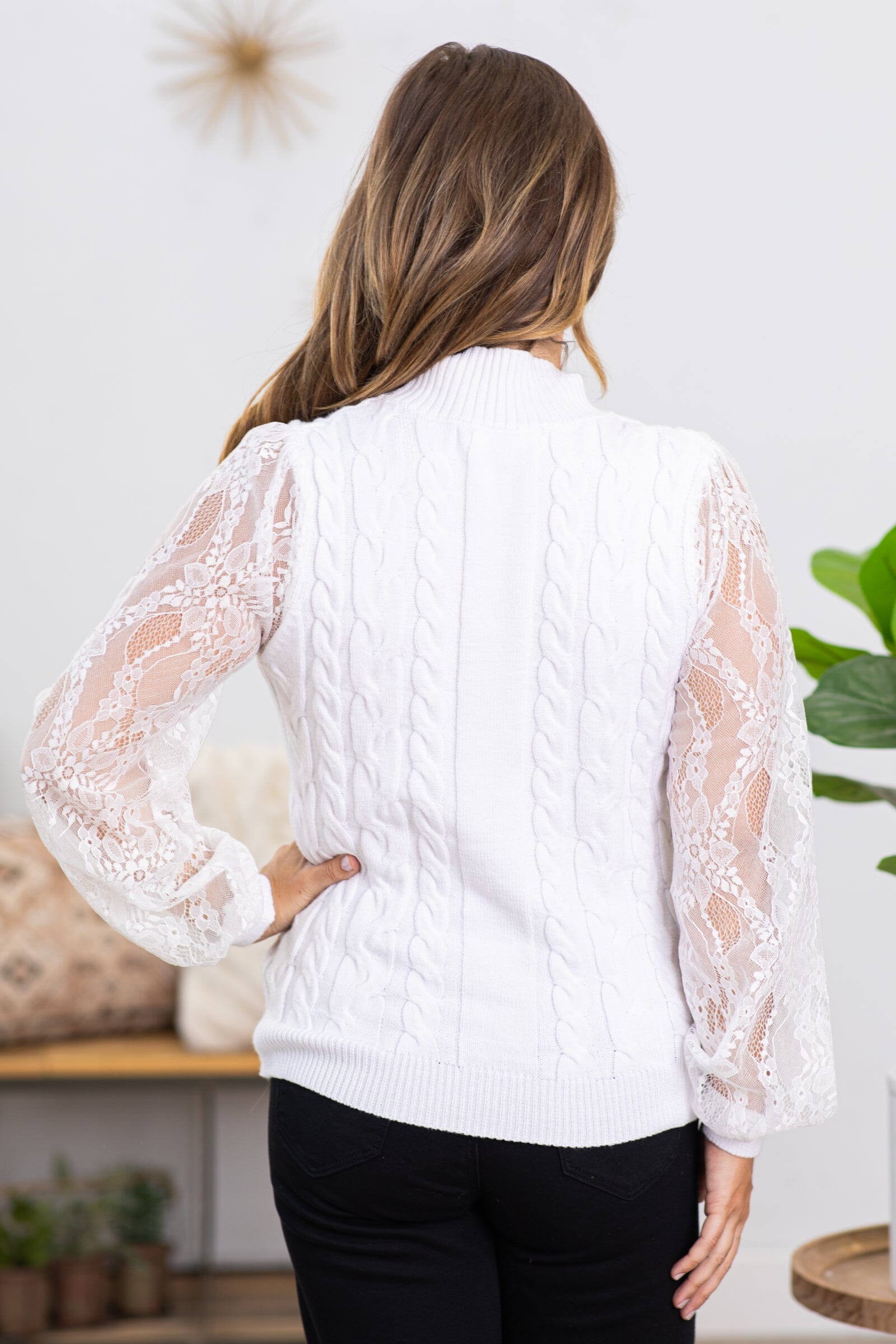 White Mock Neck Lace Sleeve Sweater - Filly Flair