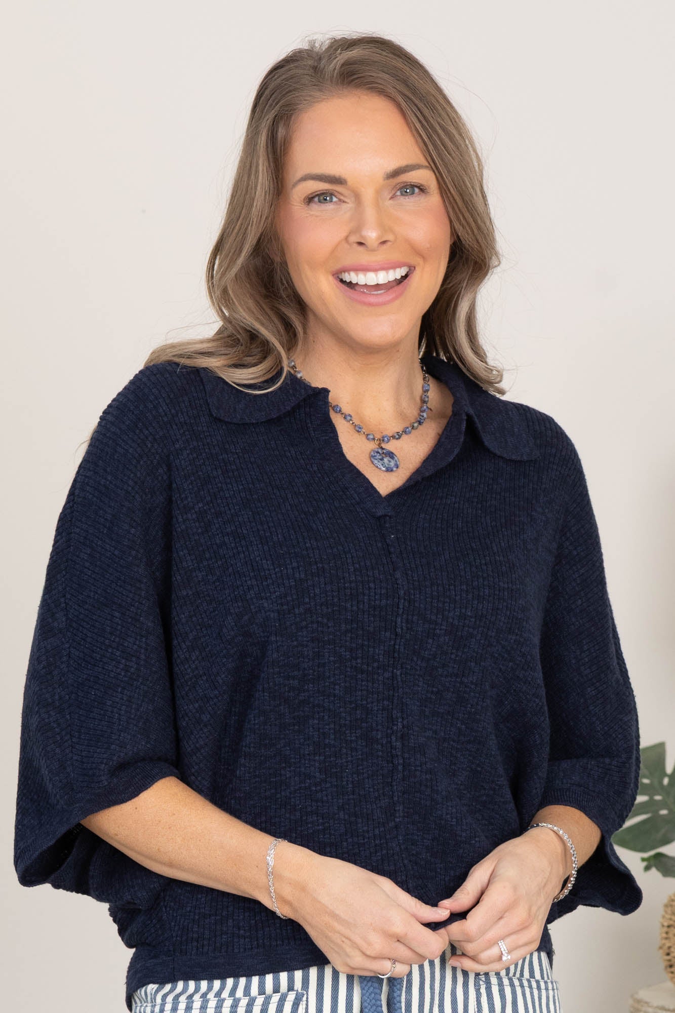 V-Neck Collared Pullover with 3/4 Length Sleeves